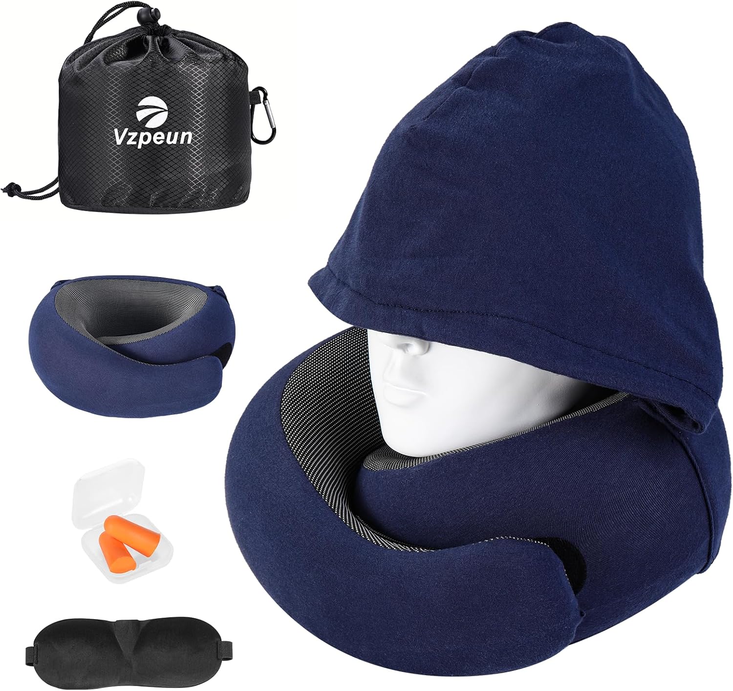 Vzpeun Travel Pillow - Hooded Neck Pillow Airplane Memory Foam Filling for Plane, Office, Cars Sleeping, Road Trip, Long Flights, Airplane…