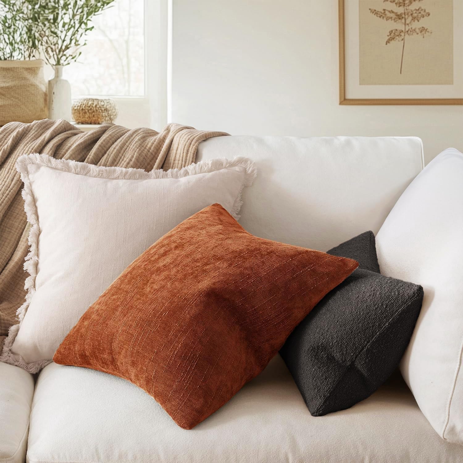 MIULEE Pack of 2 Decorative Throw Pillow Covers Soft Chenille Throw Pillows Solid Neutral Farmhouse Textured Cushion Covers for Couch…
