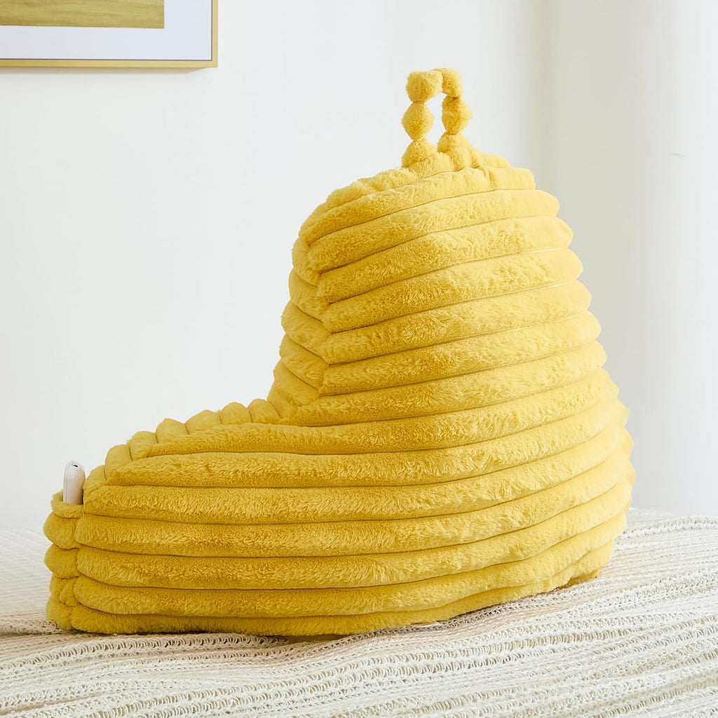 Memfydu Faux Fur Fluffy Yellow Reading Pillow with Pockets, Luxury Striped Plush Decorative, Arm Rests and Back Support for Bed Rest, Loung…