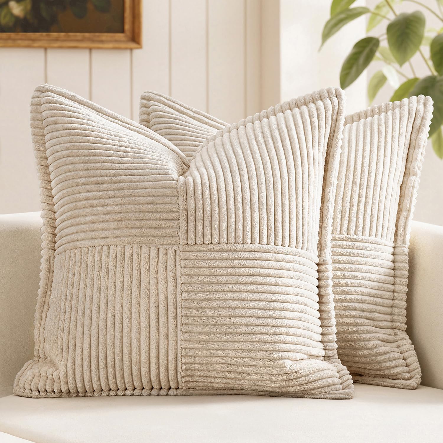 MIULEE Decorative Throw Pillow Covers for Couch Bed Livingroom 18x18 Inch Set of 2 Beige Boho Accent Throw Pllows Broadside Striped…