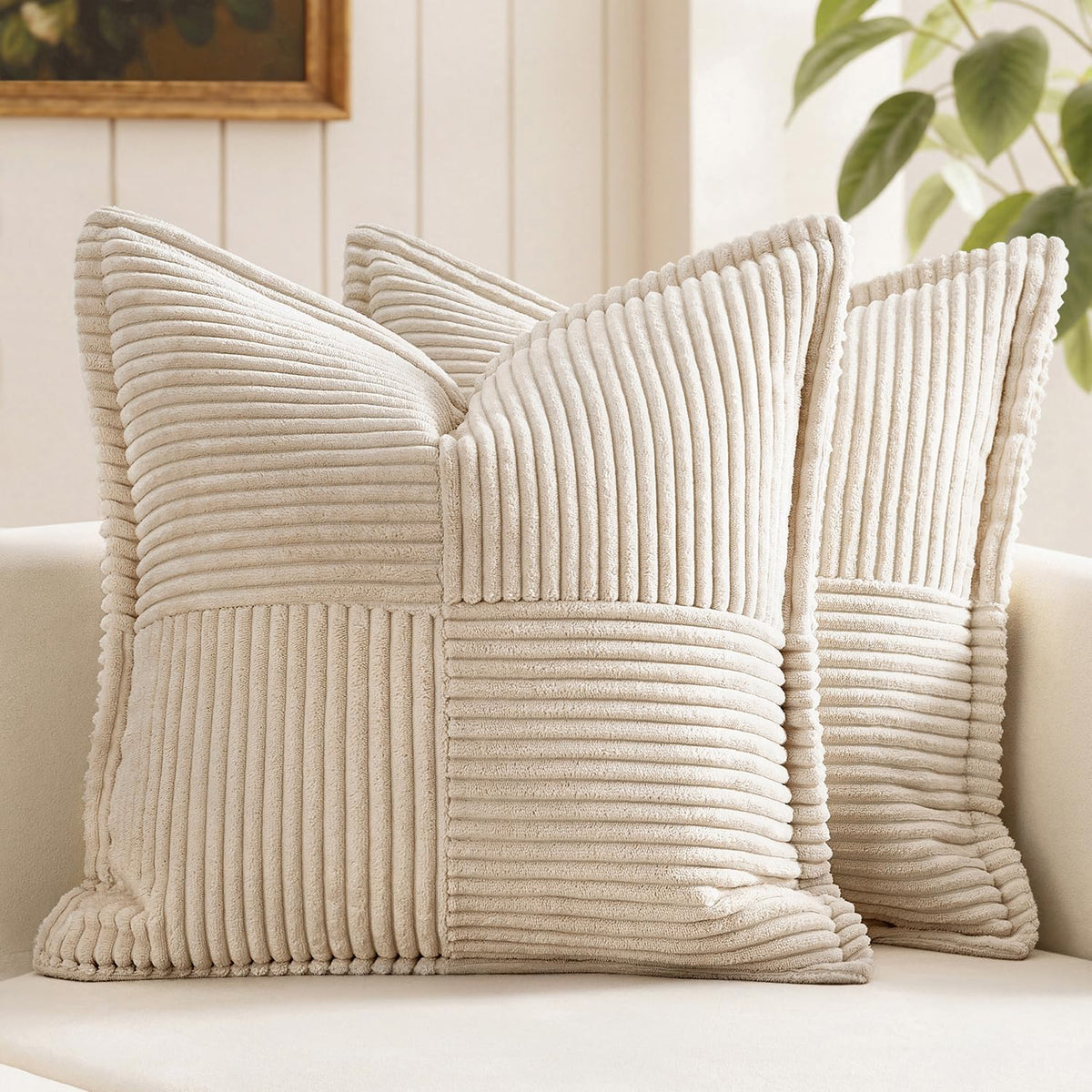 MIULEE Decorative Throw Pillow Covers for Couch Bed Livingroom 16x16 Inch Set of 2 Beige Boho Accent Throw Pllows Broadside Striped…