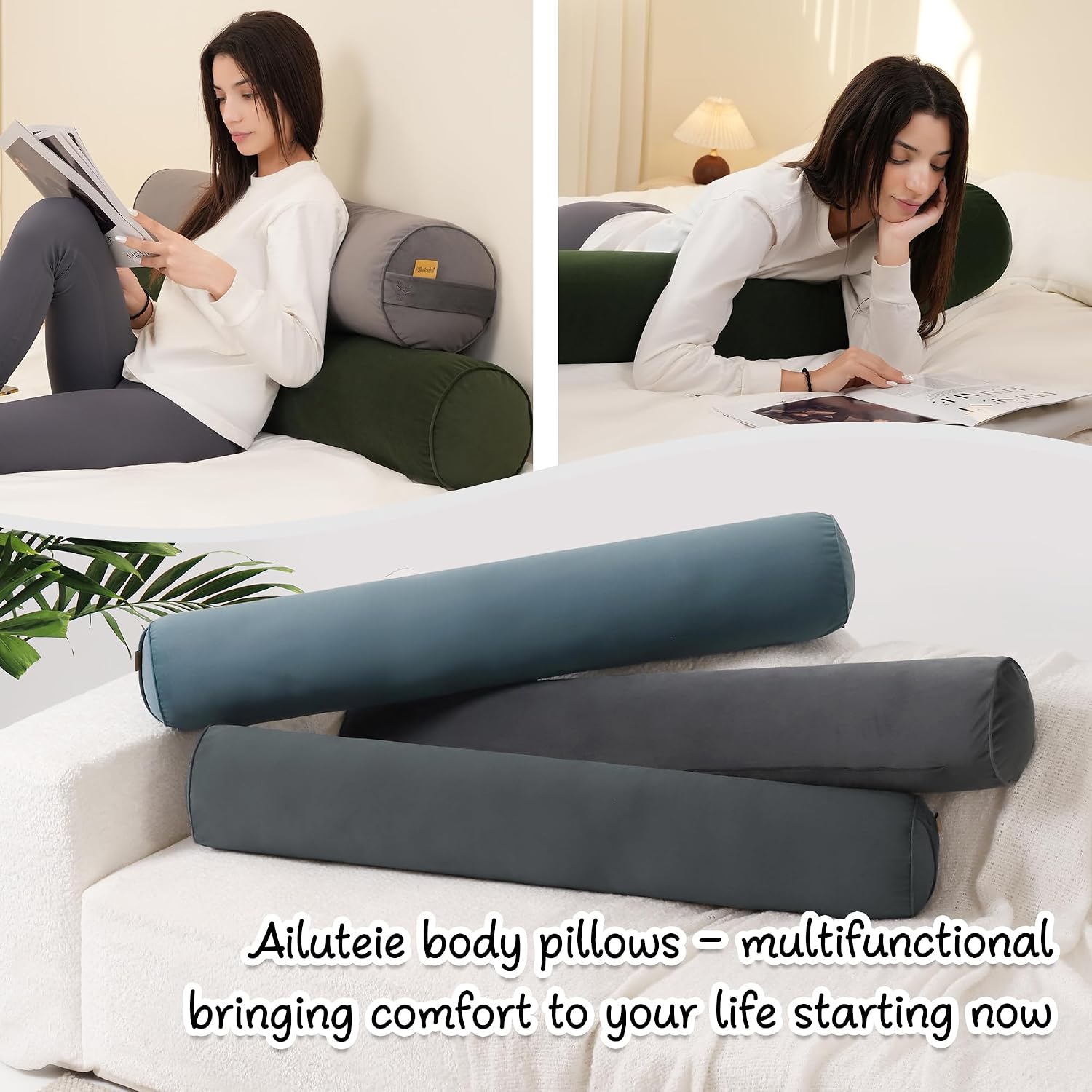 Body Pillow for Adults, Long Round Pillow, Big Cylindrical Pillow, Large Full Bolster Pillows for Side Sleepers (Jade Green, 47.24"*7.87")