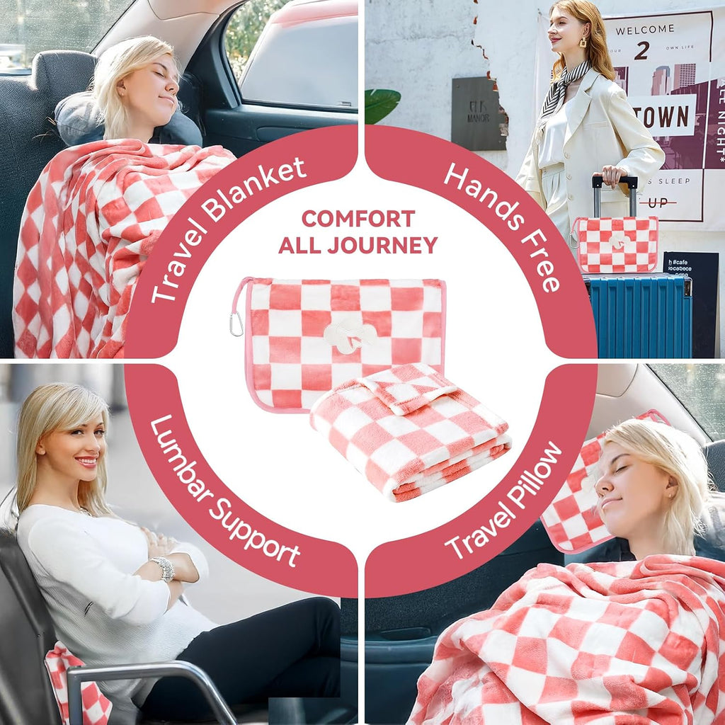 JungleStar Travel Blanket and Pillow Compact, Soft 2 in 1 Airplane Blanket with Soft Bag Pillowcase, Hand Luggage Sleeve and Backpack Clip (…