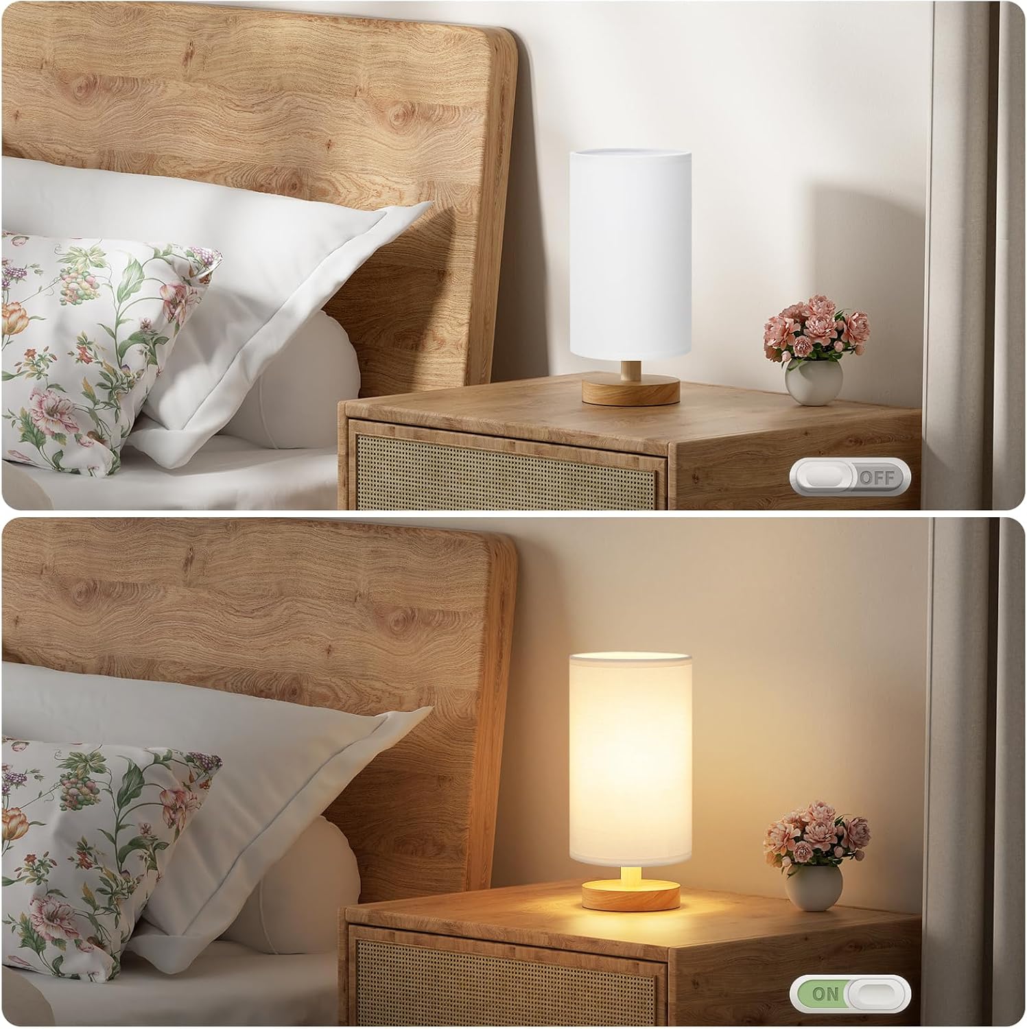 Fenmzee Small Table Lamp for Bedroom - Inline Control, Bedside Lamp with 3000K A15 LED Blub, Easy Assembly (White Shade - Wood Base, 9"…