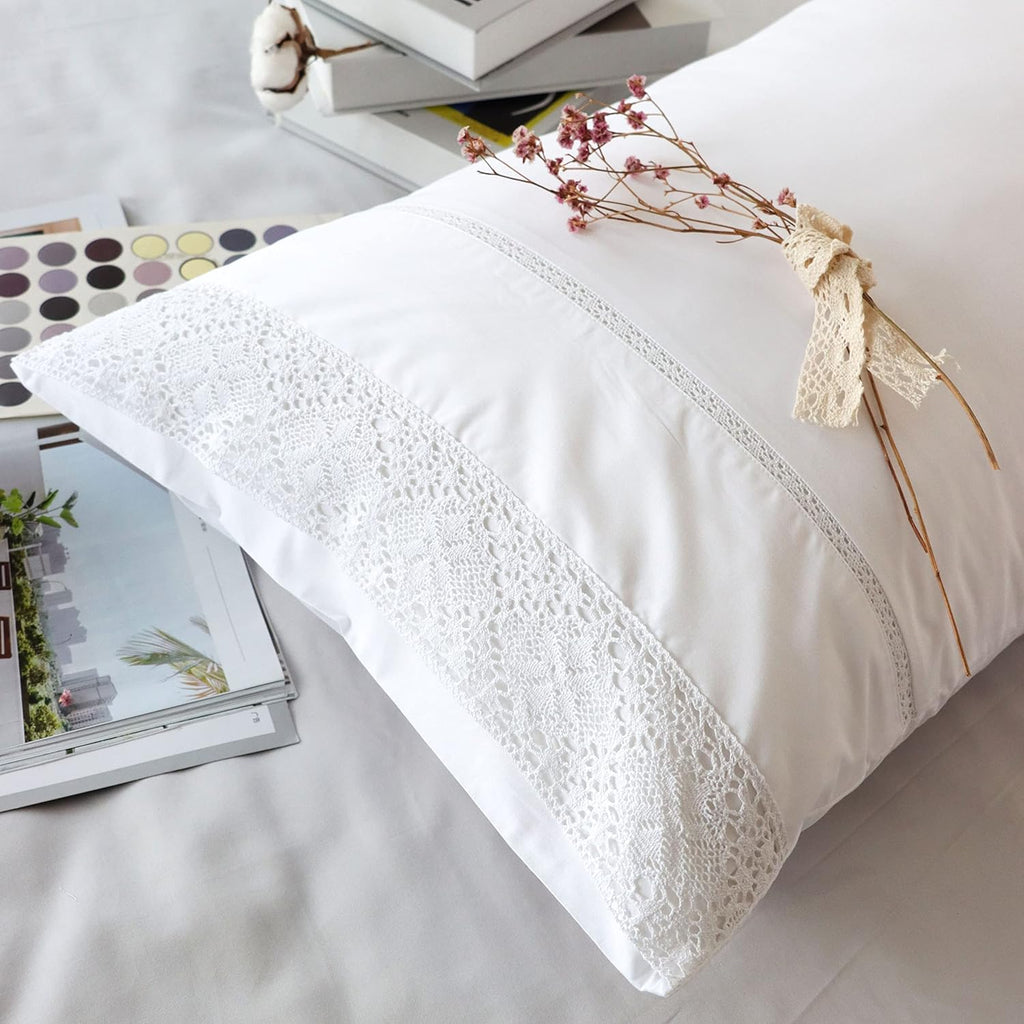 White Lace Pillowcases Standard Size Set of 2, 100% Cotton White Eyelet Pillow Shams, Elegant Farmhouse Envelope Closure Pillow Cover for…
