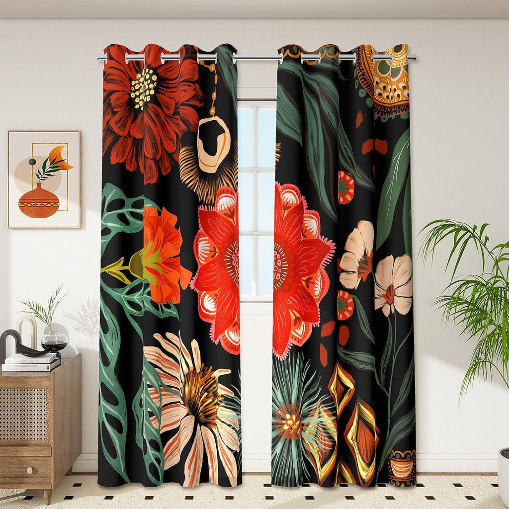 Tyrot Black Boho Floral 100% Blackout Curtains for Living Room 63 inch Long 2 Panels Mid Century Botanical Black Out Curtains for Bedroom…