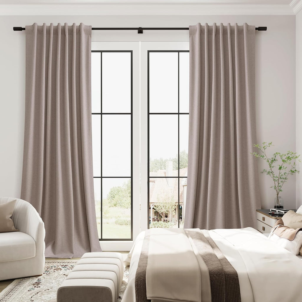 Guken Taupe Linen 100% Blackout Curtains for Bedroom 102 Inch Length 2 Panels Set Elegant Light Blocking Black Out Thermal Insulated Soundp…