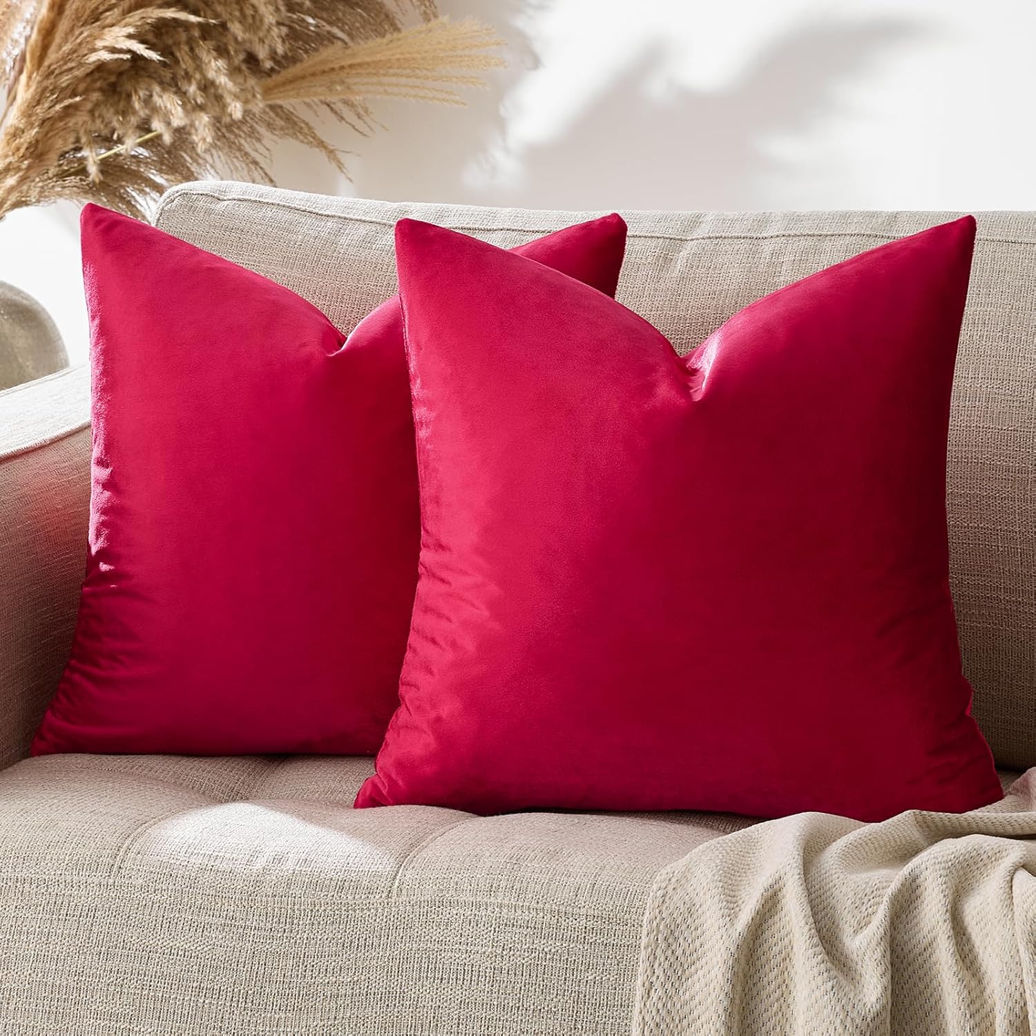 GIGIZAZAFocusingonhomedecoration GIGIZAZA Red Velvet Decorative Throw Pillow Covers 18x18 for Sofa Bed 2 Pack Soft Cushion Covers 2 Pack Red