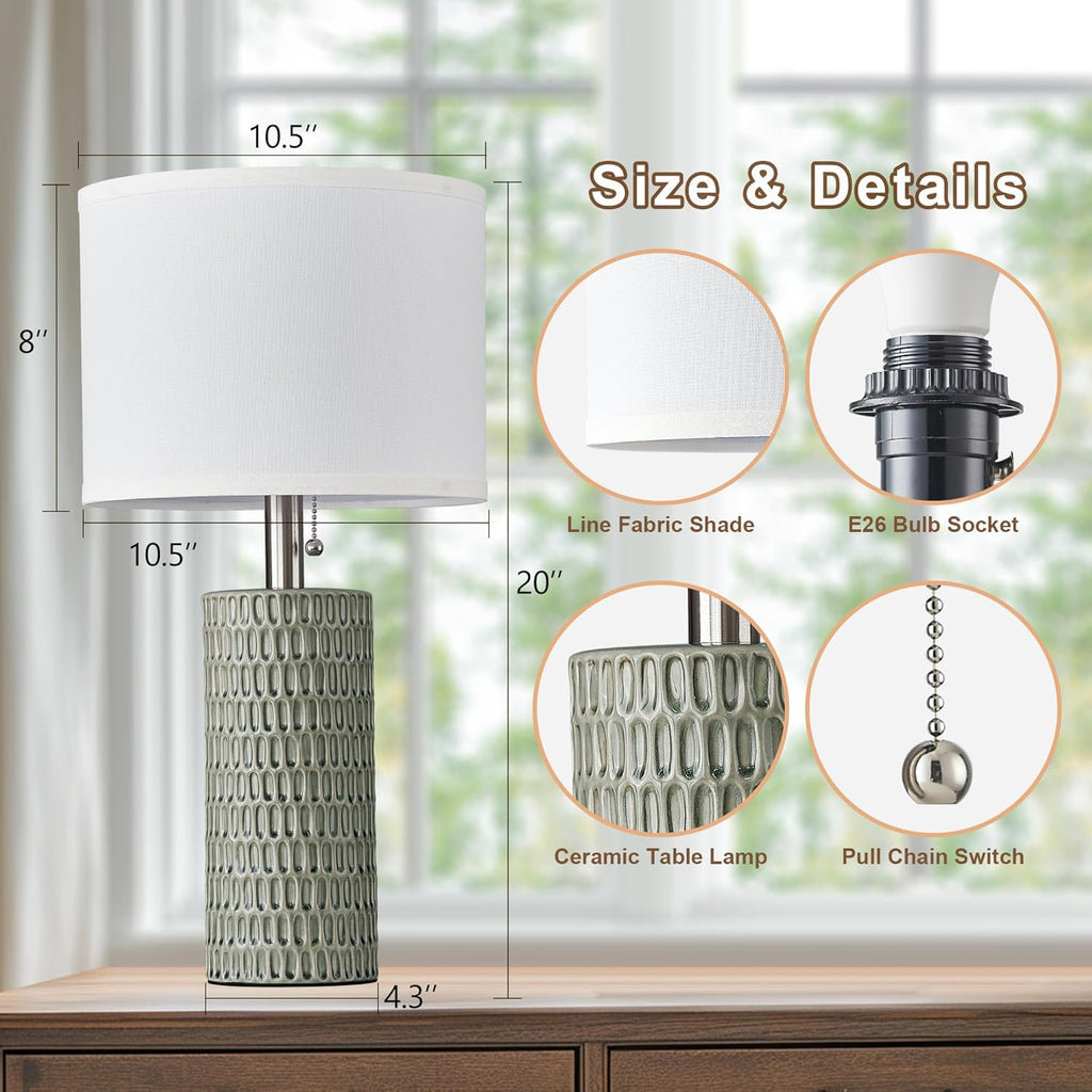 Reaketon Table Lamps for Living Room Set of 2, Ceramic Table Lamps for Bedroom, 20" Modern Lamps for Night Stands, Green