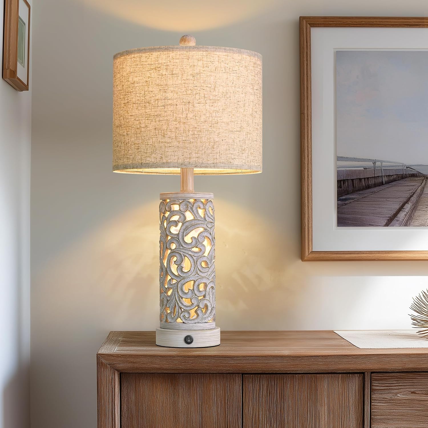 OYEARS 22'' Farmhouse Table Lamp for Living Room, Bedside Lamp with 2 USB Ports for Bedroom, Rustic Nightstand Lamp with Linen Lampshade…