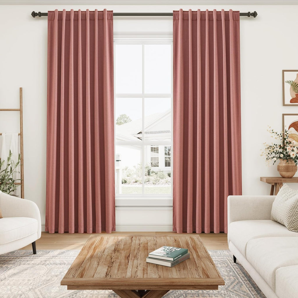 Nanspring Canyon Rose 100% Blackout Linen Curtains for Bedroom 90 Inches Long Back Tab Thermal Insulated Modern Boho Decor Black Out Girl C…
