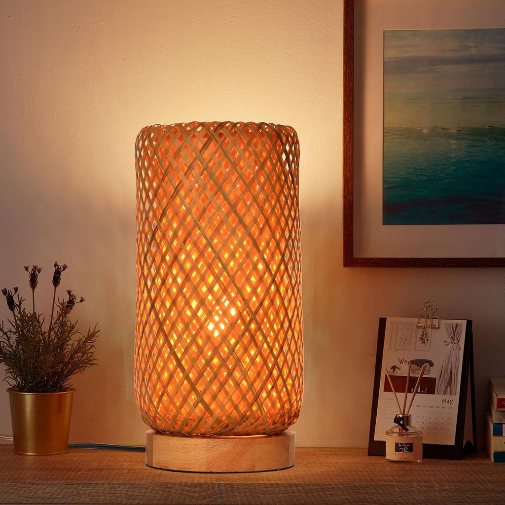 Arturesthome Bamboo Desk Light Woven Boho Beside Lamp Vintage Wicker Wooden Nightstand Lamp for Living Room, Kids Room, Nursery Room Decor