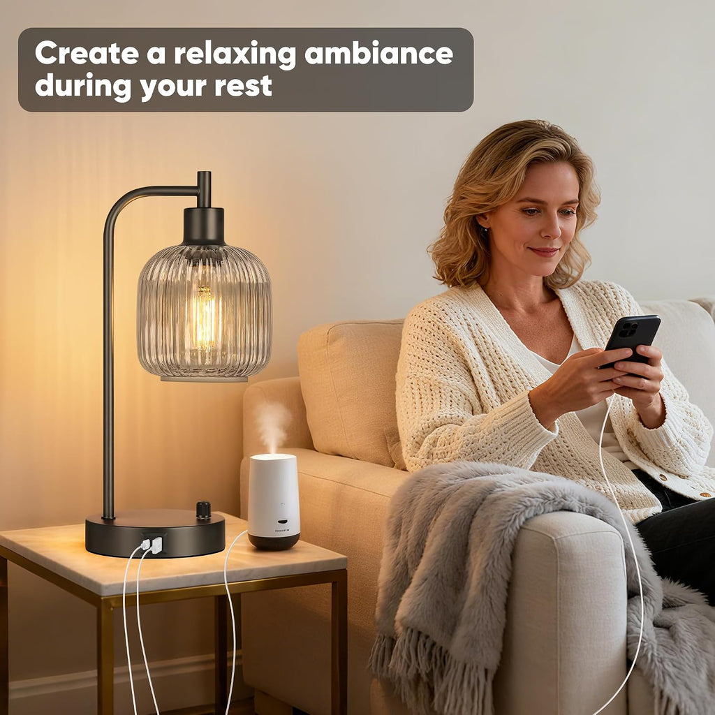 QiMH Industrial Table Lamp for Bedroom Set of 2, Grey Glass Beside Lamp with USB A&C Ports, Stepless Dimmable Black Lamps, Nightstand…