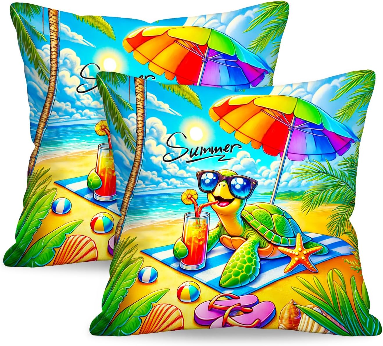 BlissYard Summer Beach Throw Pillow Covers Set of 18x18 Decorative Pillow Covers Cute Sea Turtle Ocean Theme Cushion Covers for Couch…