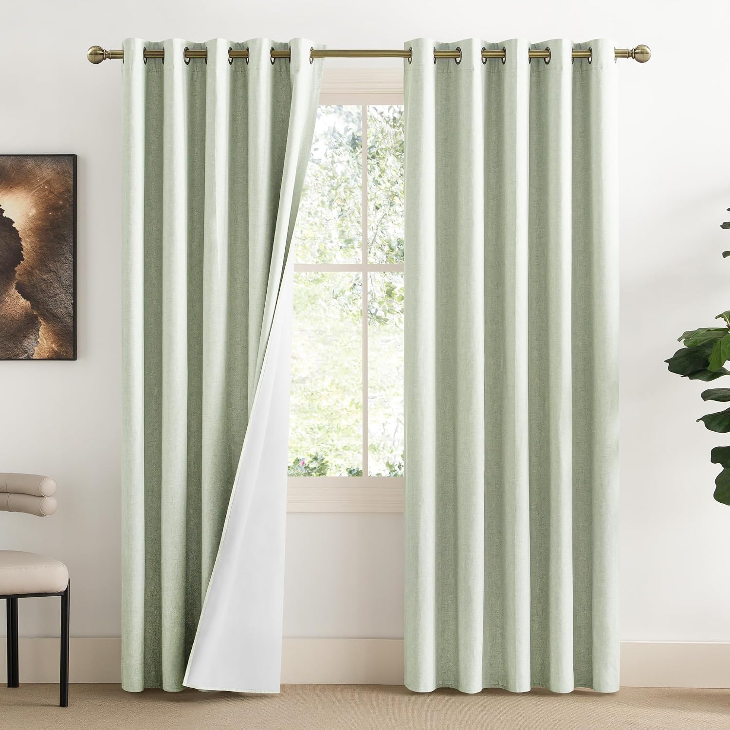 NICETOWN Sage Green High-End Thermal Flax Linen Curtains, 62" Wide Per Panel, Set of 2, Full Blackout Privacy Drapes 72" Long for Dining…
