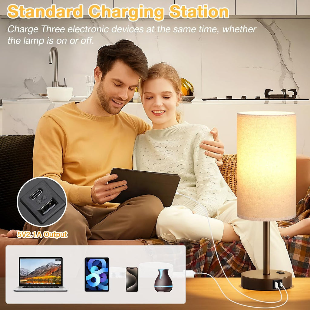 Dicoool Touch Bedside Table Lamp with USB - 3 Way Dimmable Brown Lamp for Bedroom Nightstand, Desk Lamp with Charging Station for Dorm…