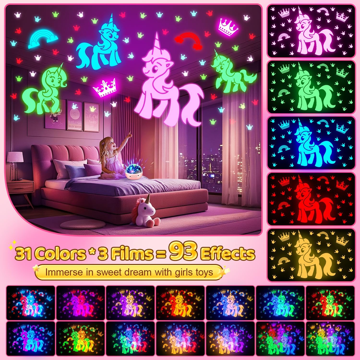 COOLNIGHT Unicorn Night Light Star Projector for Kids, 3 Films+93 Colors Kids Projector Night Light,360° Rotating All Night…