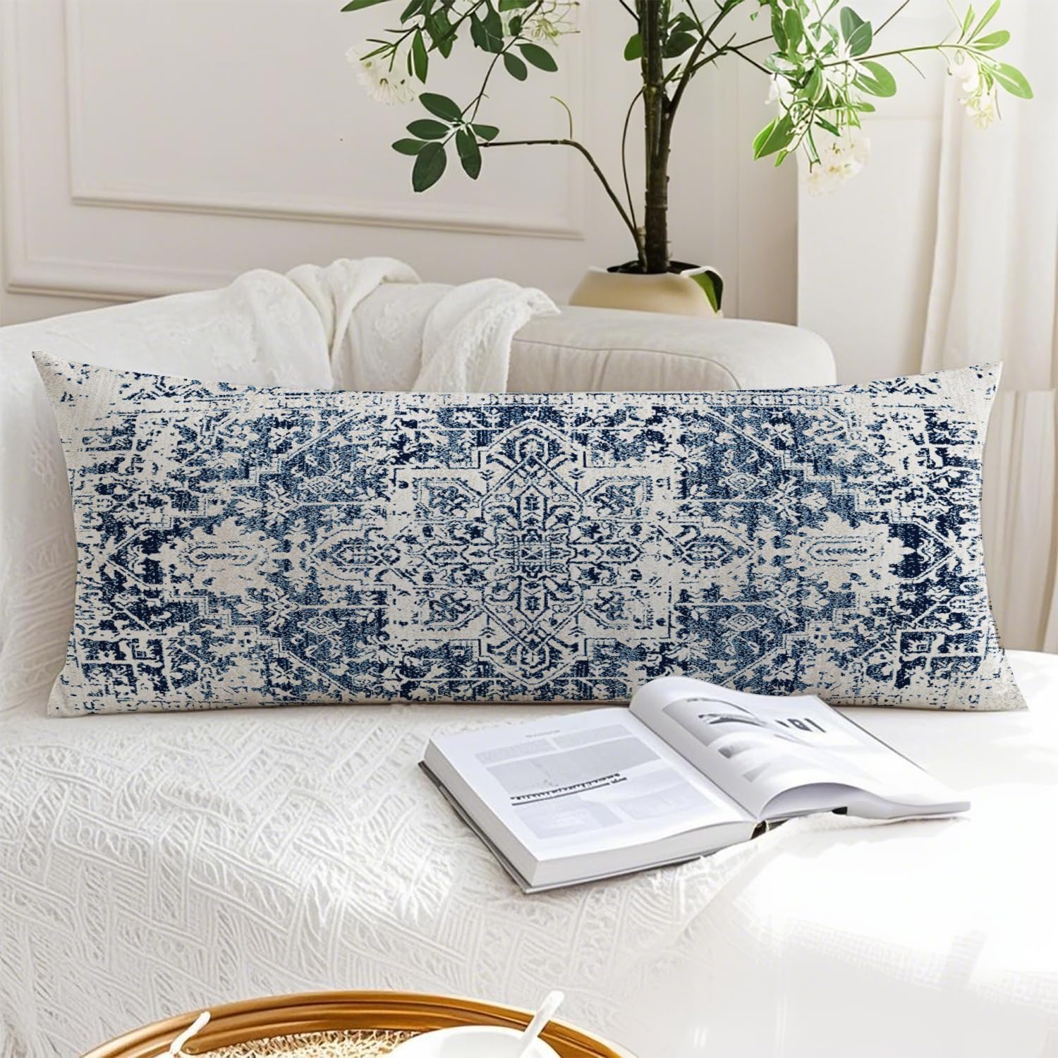Retro Boho Blue Tribal 20x54 Body Pillow Cover, Boho Home Room Decor, Vintage Blue Ethnic Moroccan Decorative Long Body Pillow Cases for…