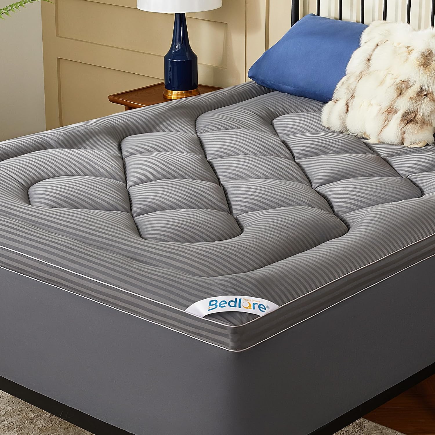 Bedlore Full Mattress Topper, Thick Pillow Top Pad for Back, Cooling Soft Mattress Cover with Deep Pockets 6-15 inch 15 inch Gray