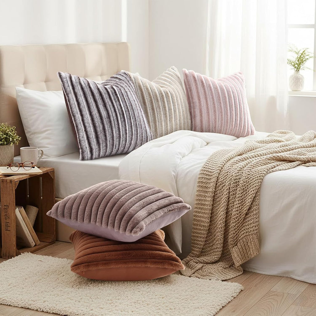decorUhome Summer Cozy Faux Fur Throw Pillow Covers 20x20 Set of 2 Decorative Soft Plush Striped Modern Farmhouse Boho Couch Pillow Cases w…
