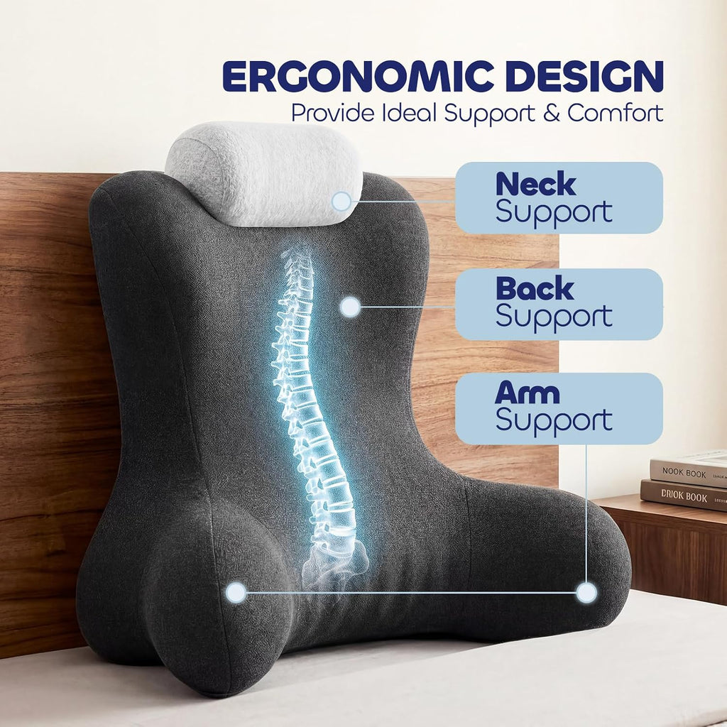 COZYFUZY Reading Pillow for Floor & Bed Use - 22" Ergonomic Backrest with Built-in Neck Support and Contoured Arms, Memory Foam Sitt…