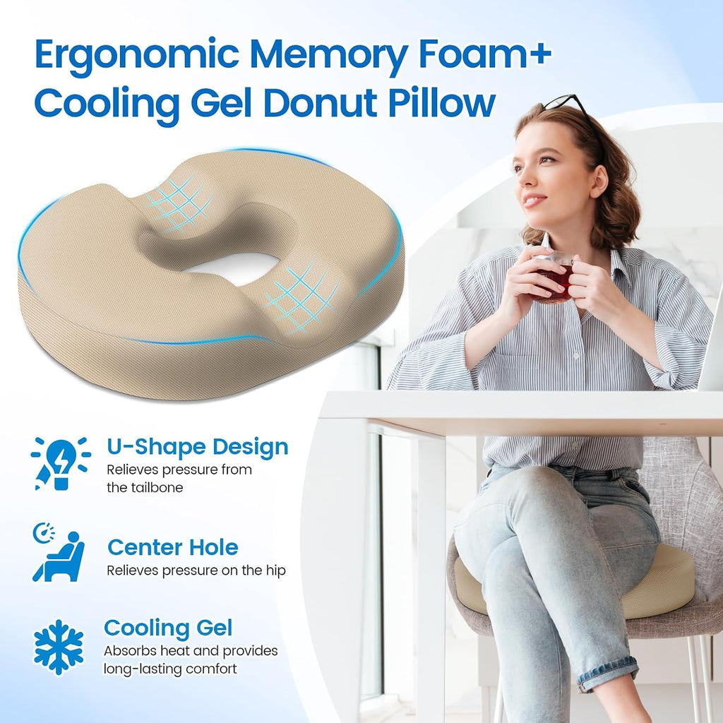 CushZone Donut Pillow Seat Cushion - Cooling Gel Donut Chair Cushions, Memory Foam Seat Cushion for Office & Home, Car Seat Cushion and But…