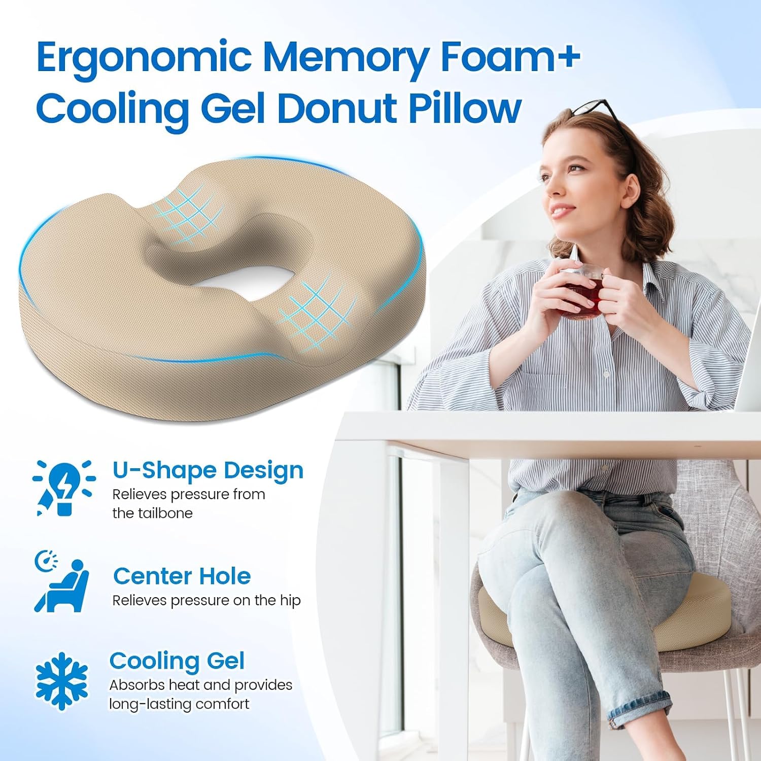 CushZone Donut Pillow Seat Cushion - Cooling Gel Donut Chair Cushions, Memory Foam Seat Cushion for Office & Home, Car Seat Cushion and But…