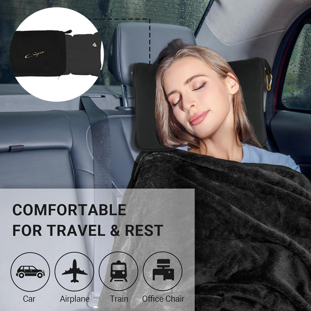 Airplane Travel Blanket with Pillow,300 GSM Soft Fleece Compact Blanket with Carry Bag, Lightweight Travel Blanket for Flights, Black