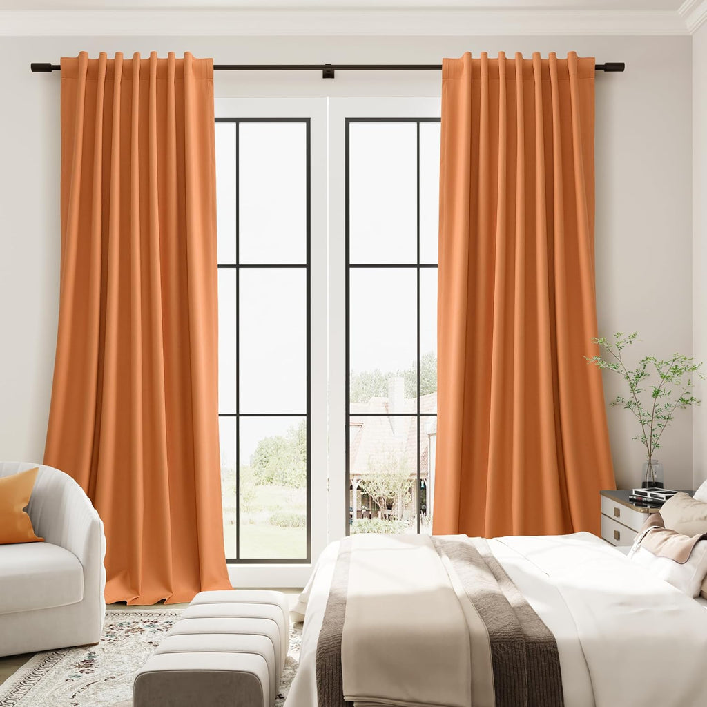 Guken Orange Linen 100% Blackout Curtains 90 Inches Long for Bedroom 2 Panels Modern Black Out Thermal Insulated Privacy Curtain for Room D…