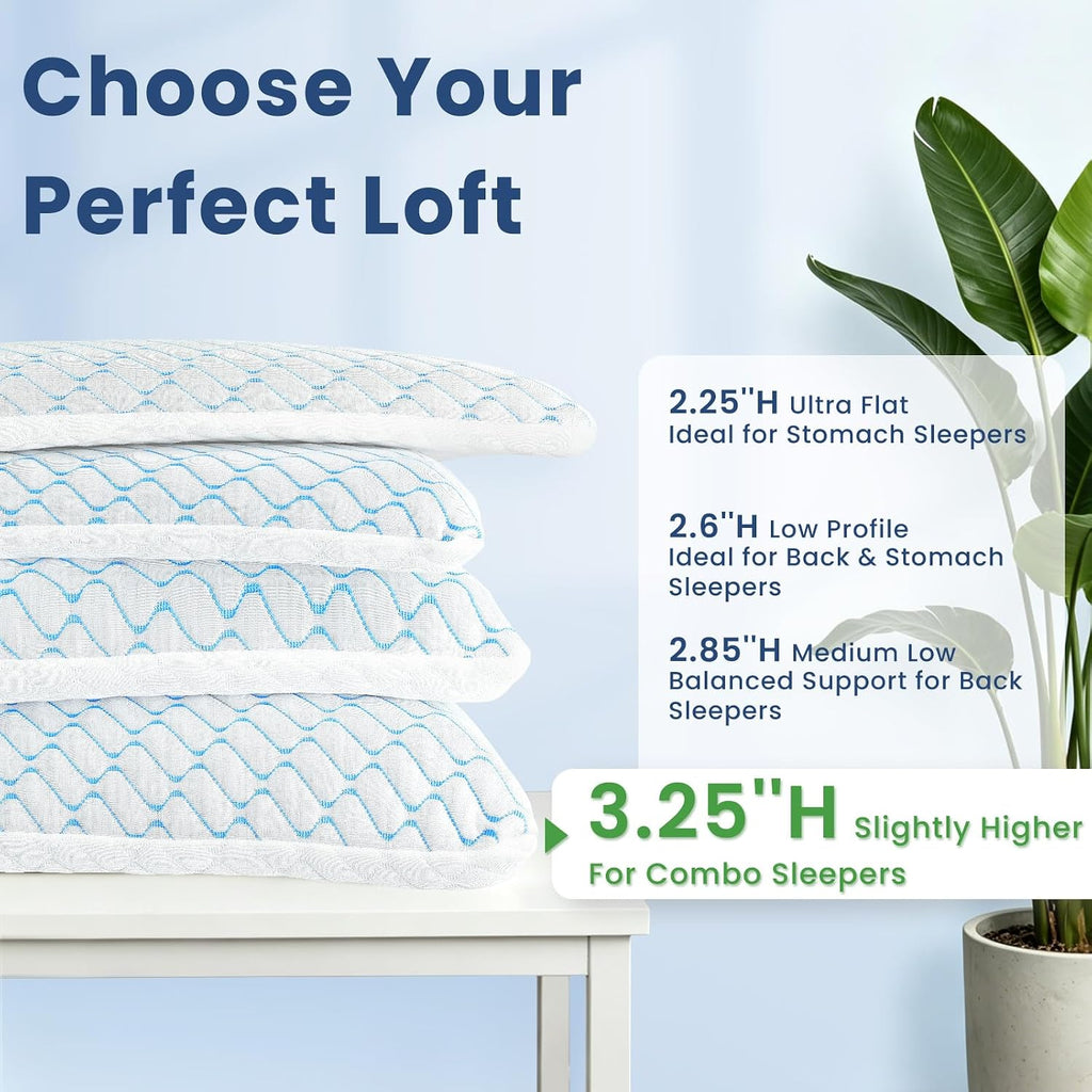 3.25" Ultra Thin Memory Foam Pillow with Cool-to-Touch Cover, Low Profile Flat Bed Pillow for Back & Stomach Sleepers, Standard Size