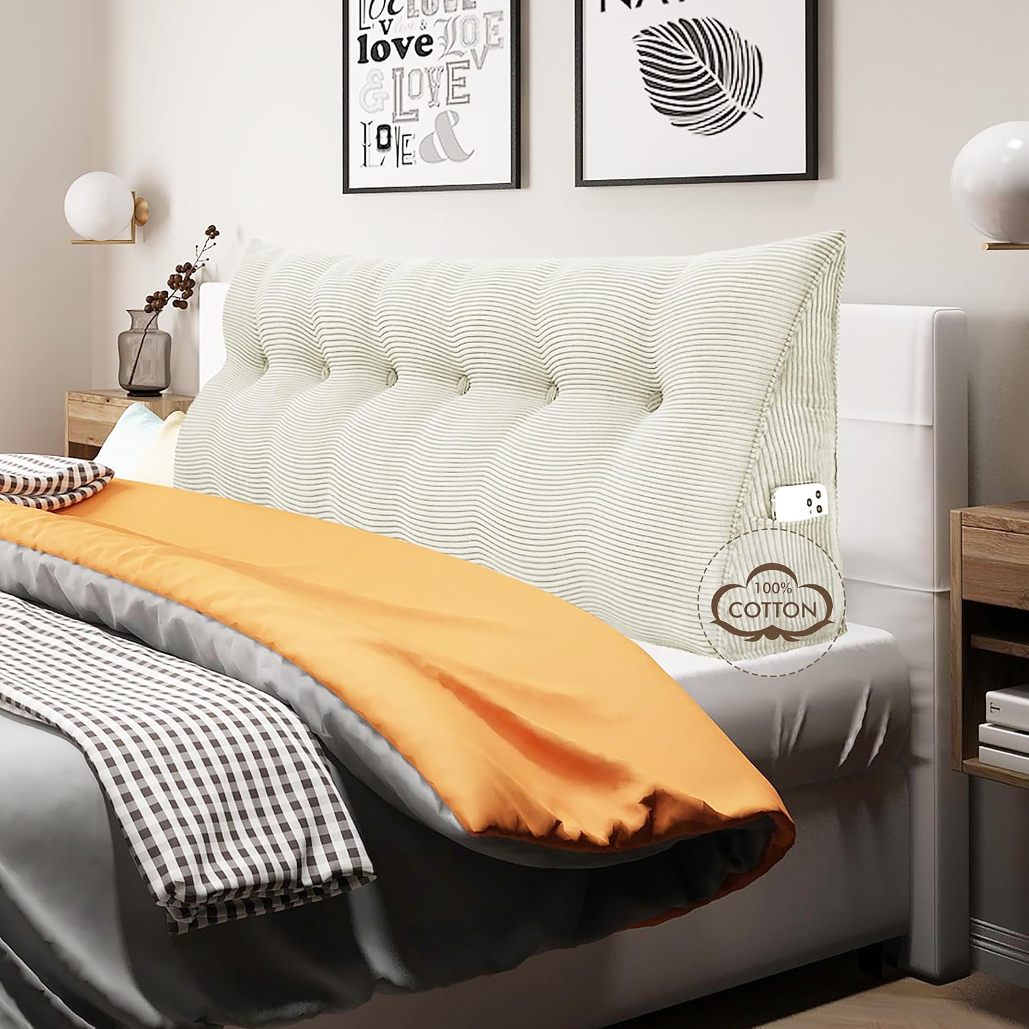 WOWMAX 100% Cotton Corduroy Headboard Pillow – California King Size Back Support Reading Wedge for Bed & Daybed, Plush Handmade Bolster…
