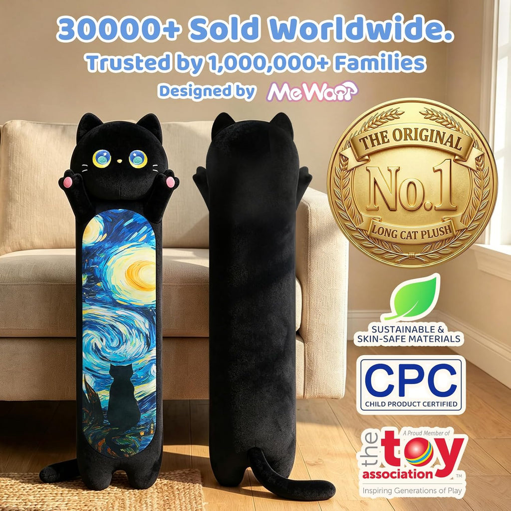 Mewaii Long Cat Plush 5 Sizes, 120% Extra Filling Giant Plushness Kids Body Pillow, Kawaii Cute Black Starry Cat Stuffed Animals…