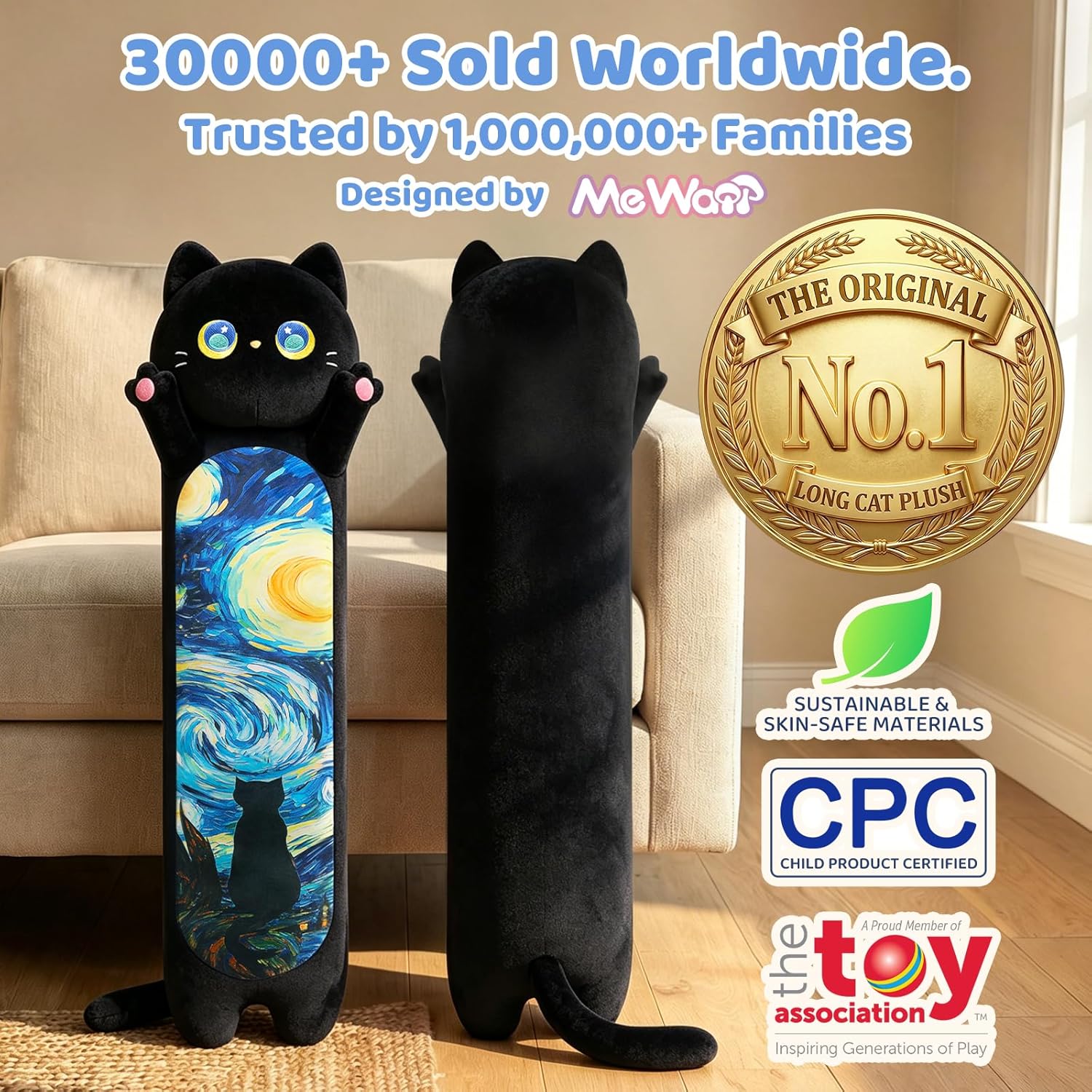 Mewaii Long Cat Plush 5 Sizes, 120% Extra Filling Giant Plushness Kids Body Pillow, Kawaii Cute Black Starry Cat Stuffed Animals…