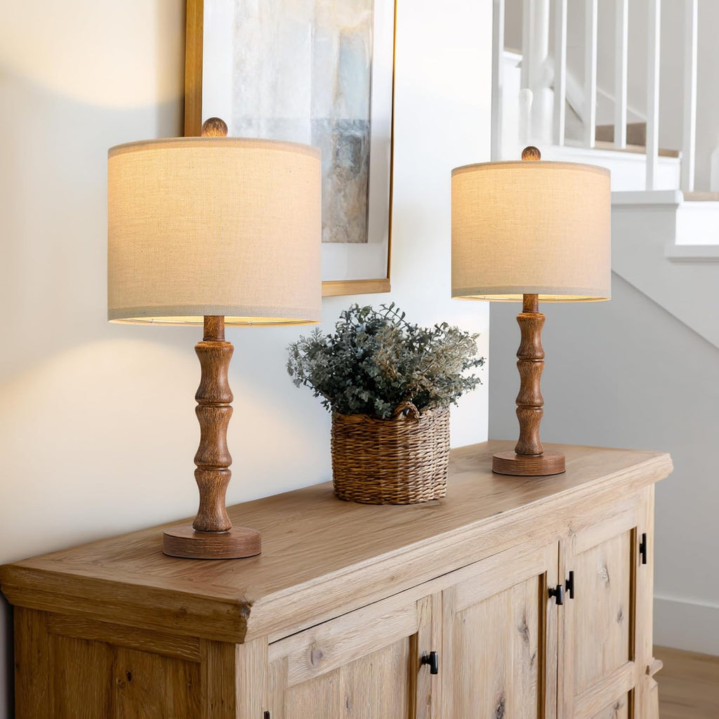 BOBOMOMO 20.5" Rustic Table Lamps Set of 2, Farmhouse Nightstand Lamp with Wood Grain Resin Base & Linen Shade, Small Bedside Lamp for…