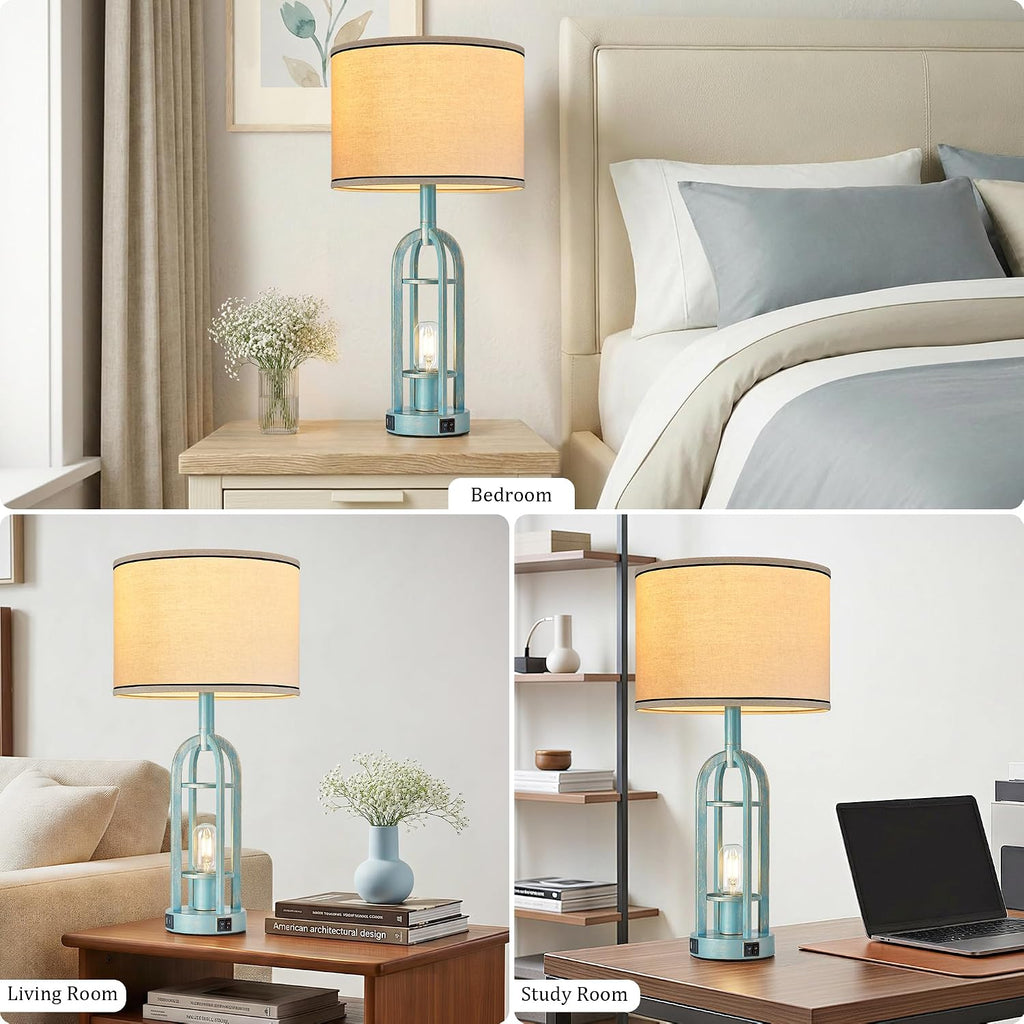 SRJJA Table Lamps for Living Room Set of 2 - Modern Farmhouse Lamps for Night Stands with Night Light & USB A+C, 24" Vintage Bedside Lamp…