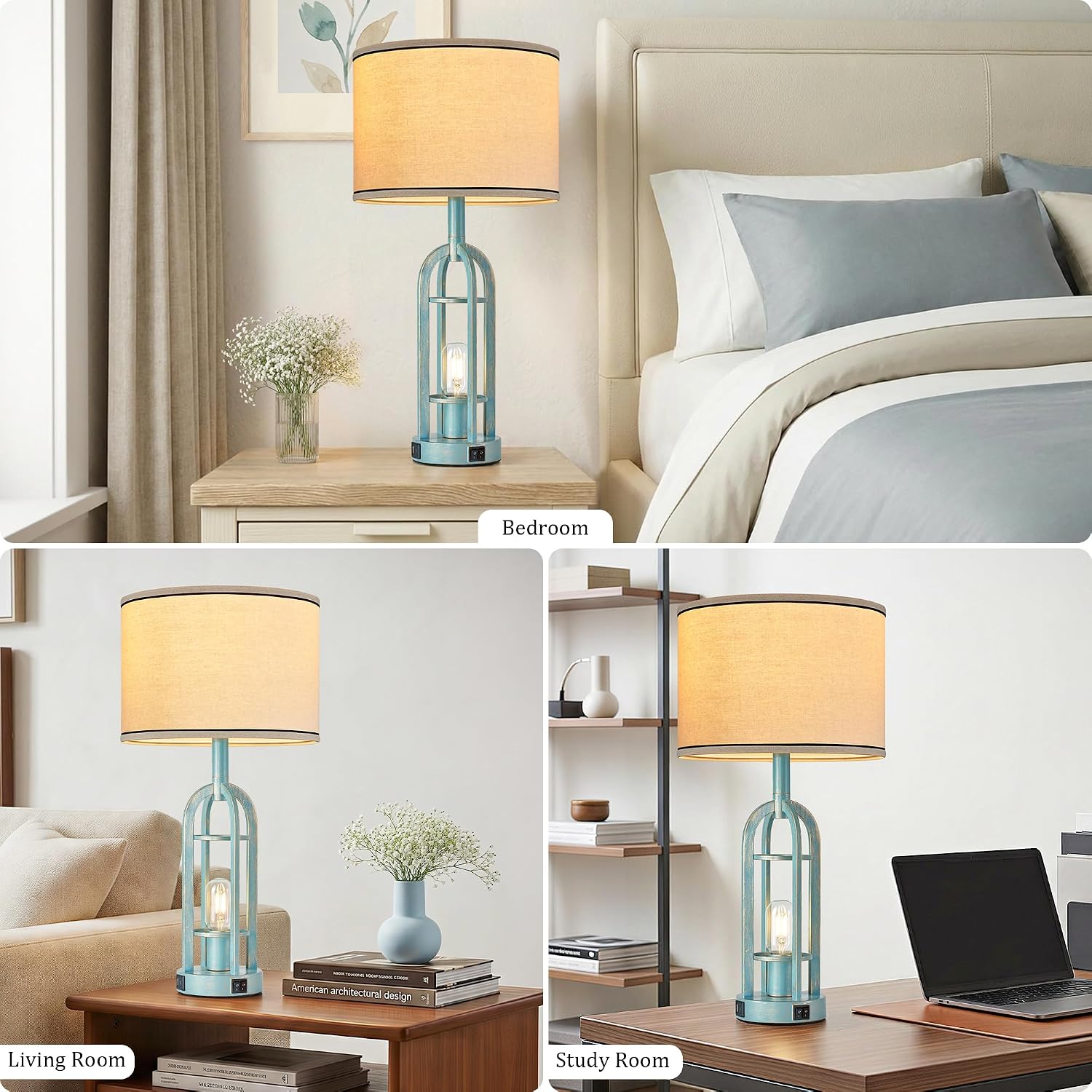 SRJJA Table Lamps for Living Room Set of 2 - Modern Farmhouse Lamps for Night Stands with Night Light & USB A+C, 24" Vintage Bedside Lamp…