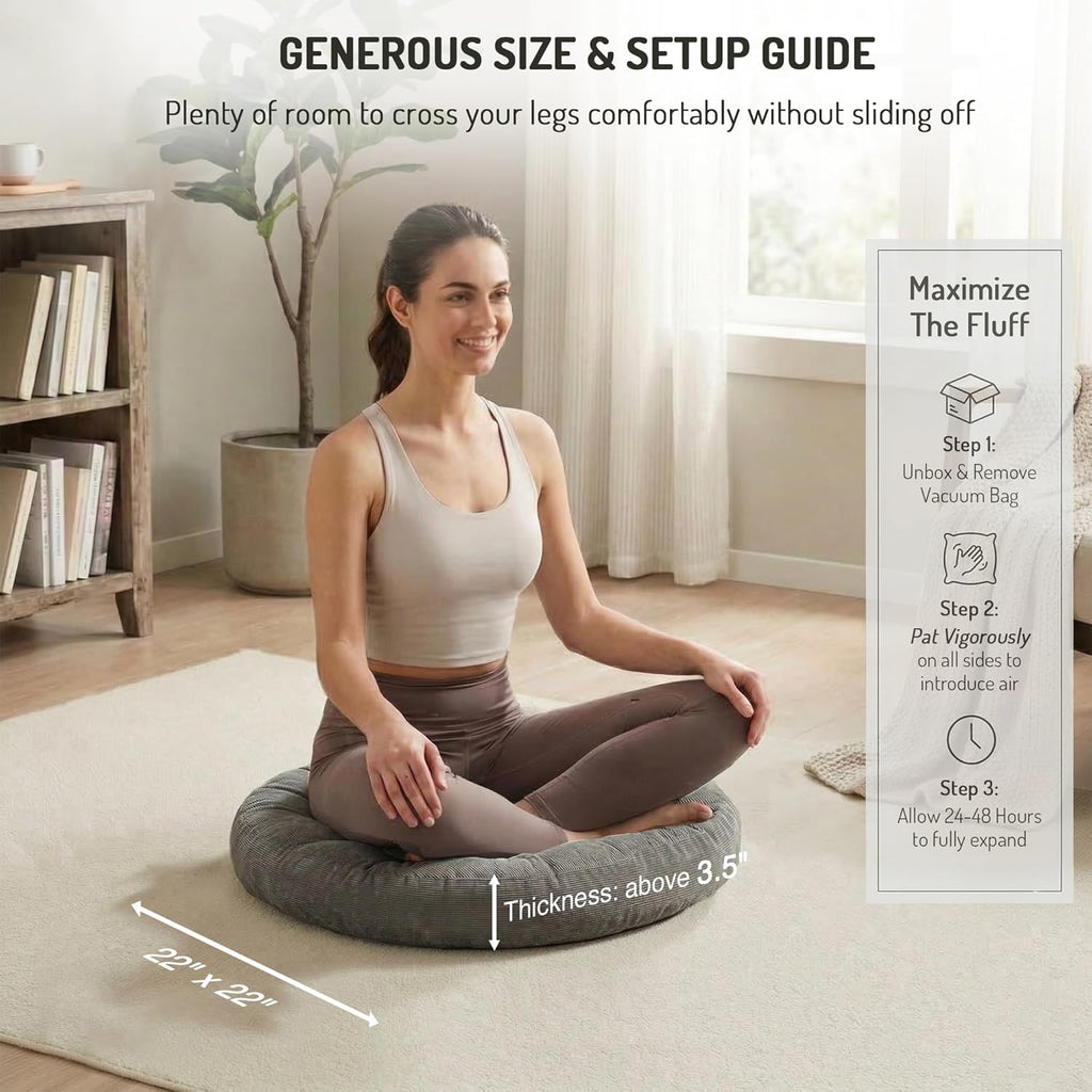 Degrees of Comfort Meditation Floor Pillow, Round Large Pillows Seating for Adults, Tufted Corduroy Cushion for Tatami Living Room, Grey…