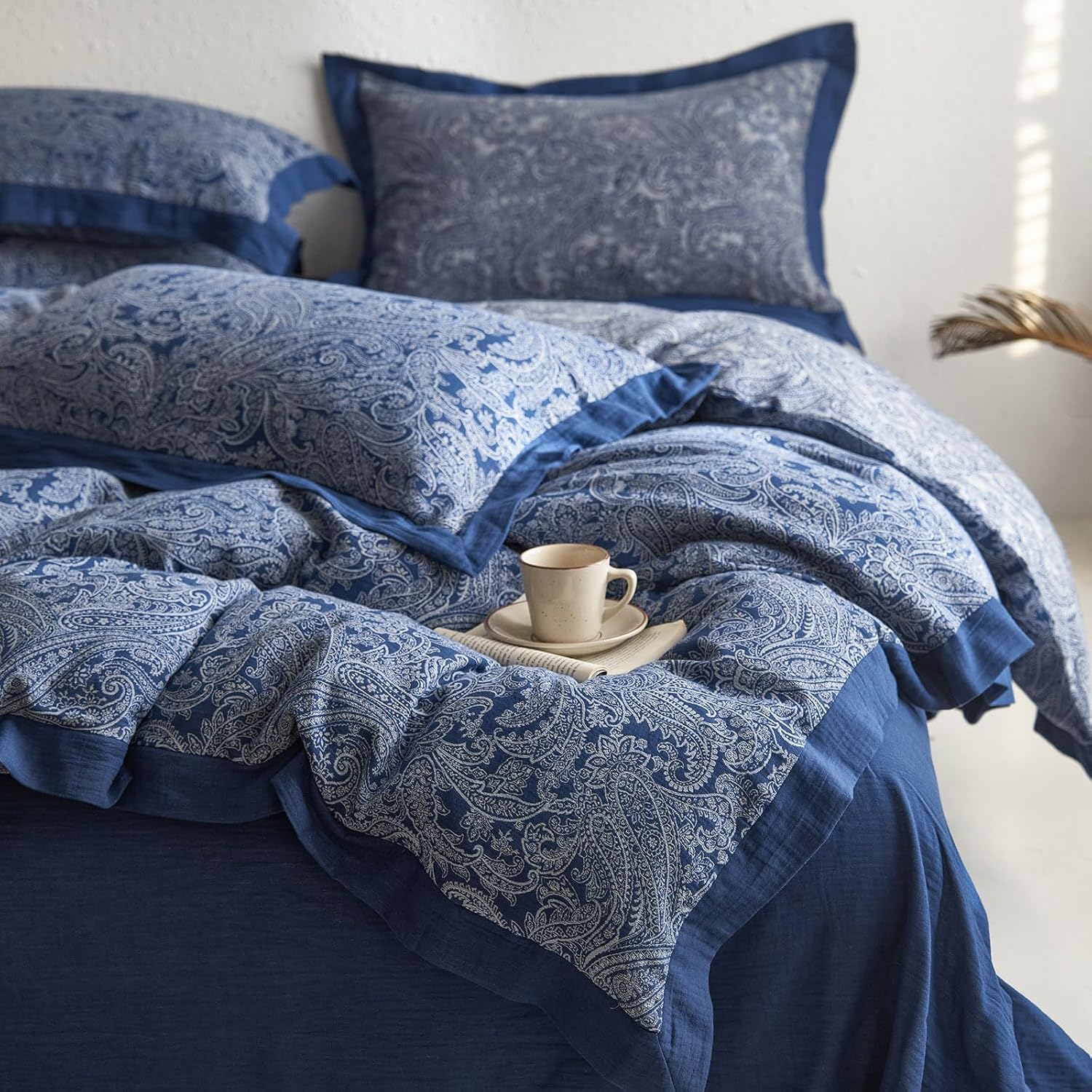 mixinni Muslin Cotton Vintage Navy Blue Paisley Floral Duvet Cover Queen Size 3pcs Yarn Dyed Burgundy Jacquard Weave Bedding Comforter Cove…