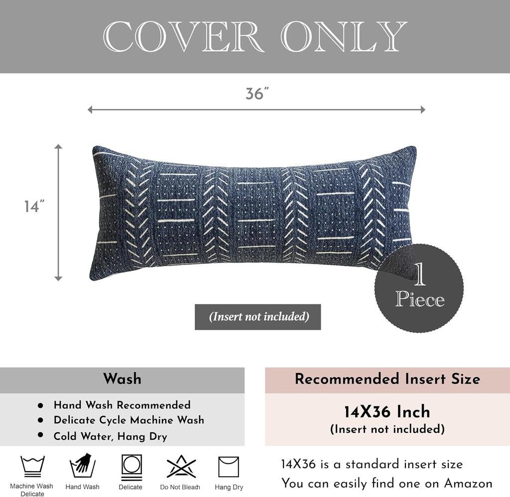 BlissBlush Decorative Long Lumbar Pillow Cover 14x36 for Bed, Navy Blue Soft Woven Chenille Accent Pillow Cover for Bedroom Couch Sofa…