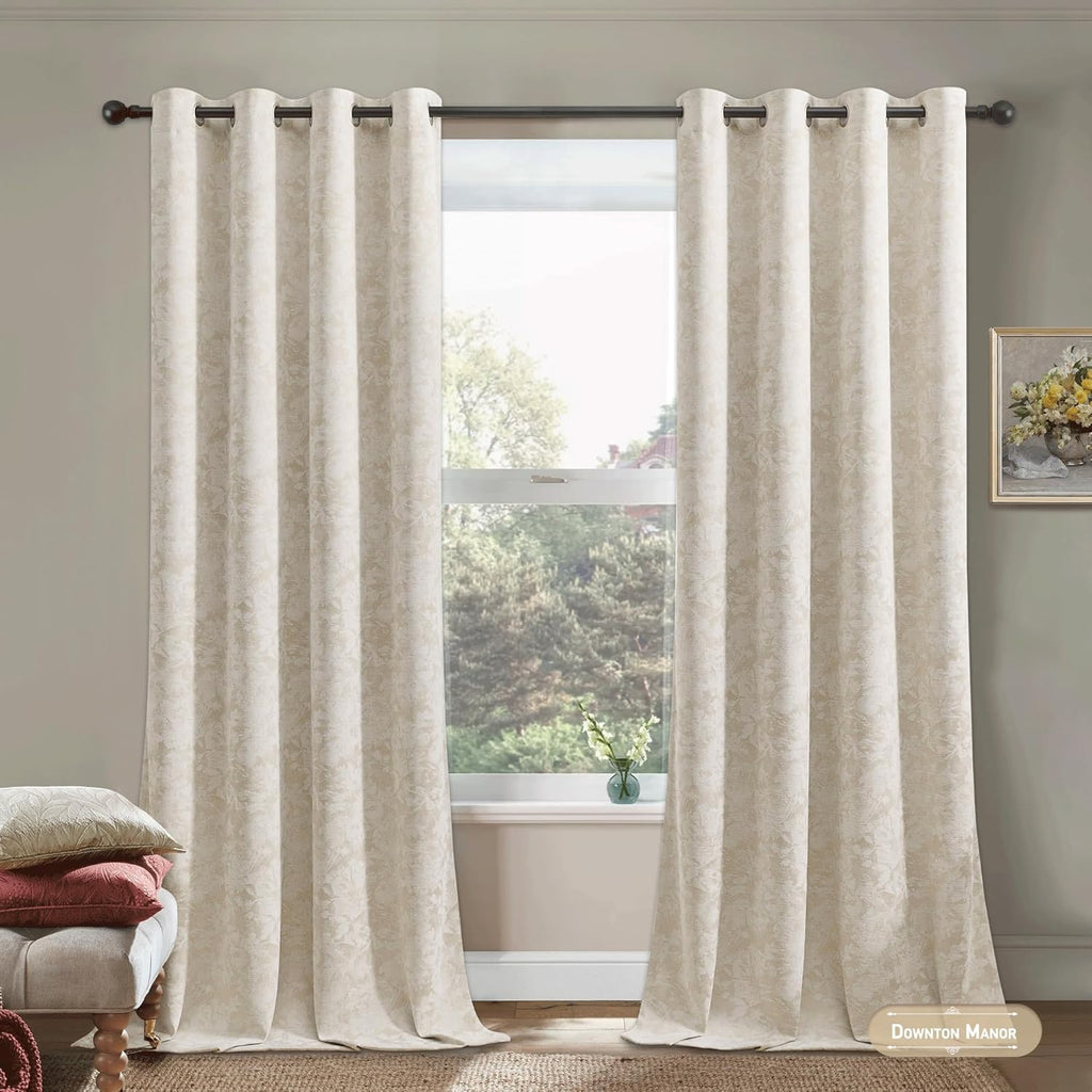 Beauoop Beige Floral Jacquard Blackout Curtains 108 Inches Long 2 Panels for Bedroom Living Room Taupe Flower Chenille Room Darkening…