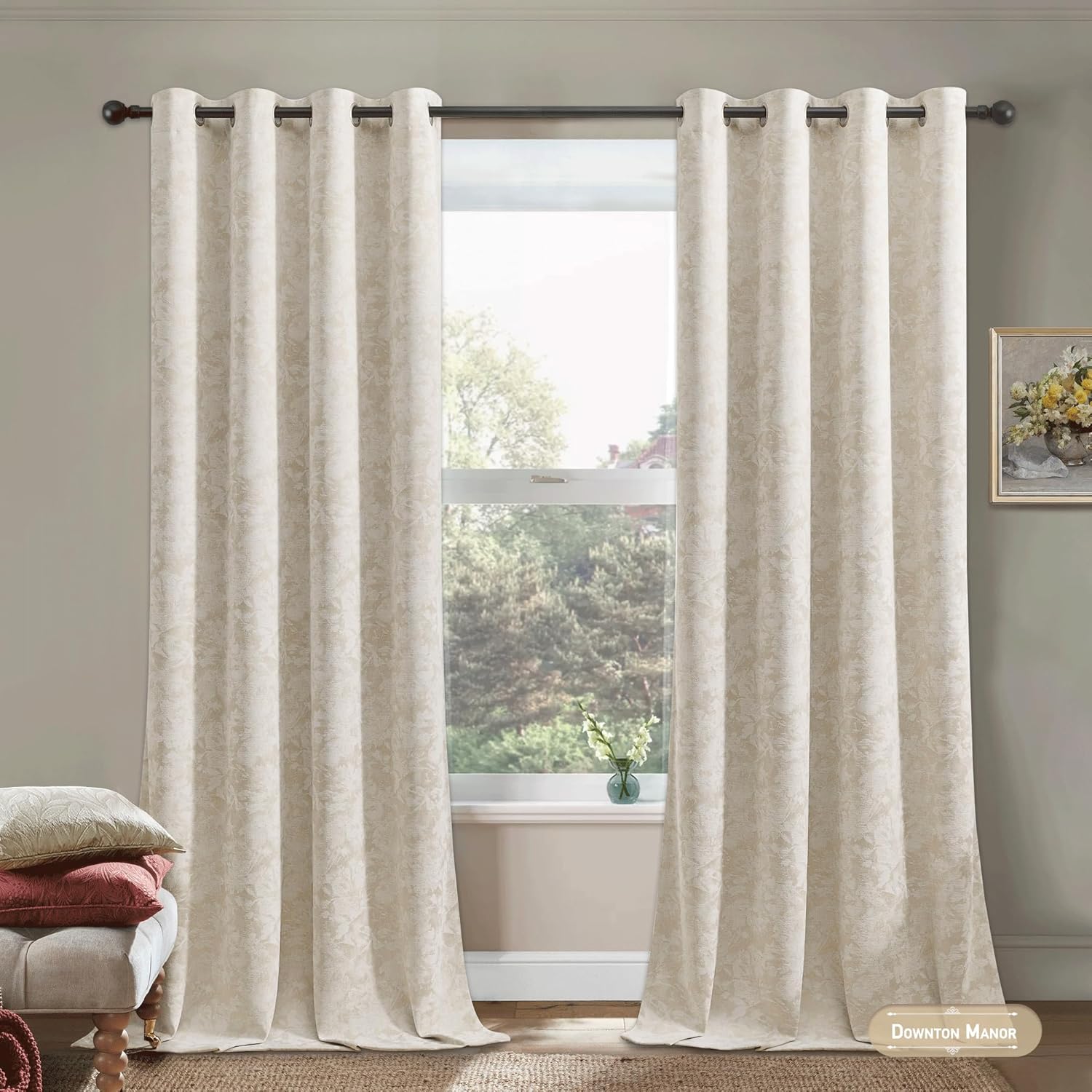 Beauoop Beige Floral Jacquard Blackout Curtains 90 Inches Long 2 Panels for Bedroom Living Room Taupe Flower Chenille Room Darkening…