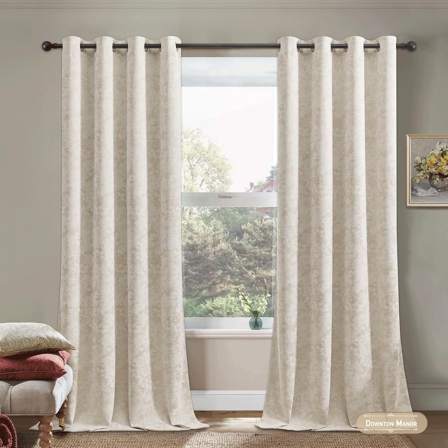 Beauoop Beige Floral Jacquard Blackout Curtains 84 Inches Long 2 Panels for Bedroom Living Room Flower Chenille Room Darkening Thermal…