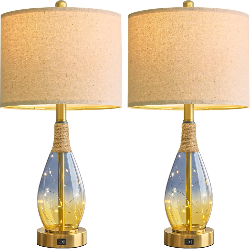 OYEARS 23" Table Lamps for Living Room Set of 2, Bedside Lamps for Night Stands, Rattan Lamps for Bedroom, Farmhouse Lamps with Glass…