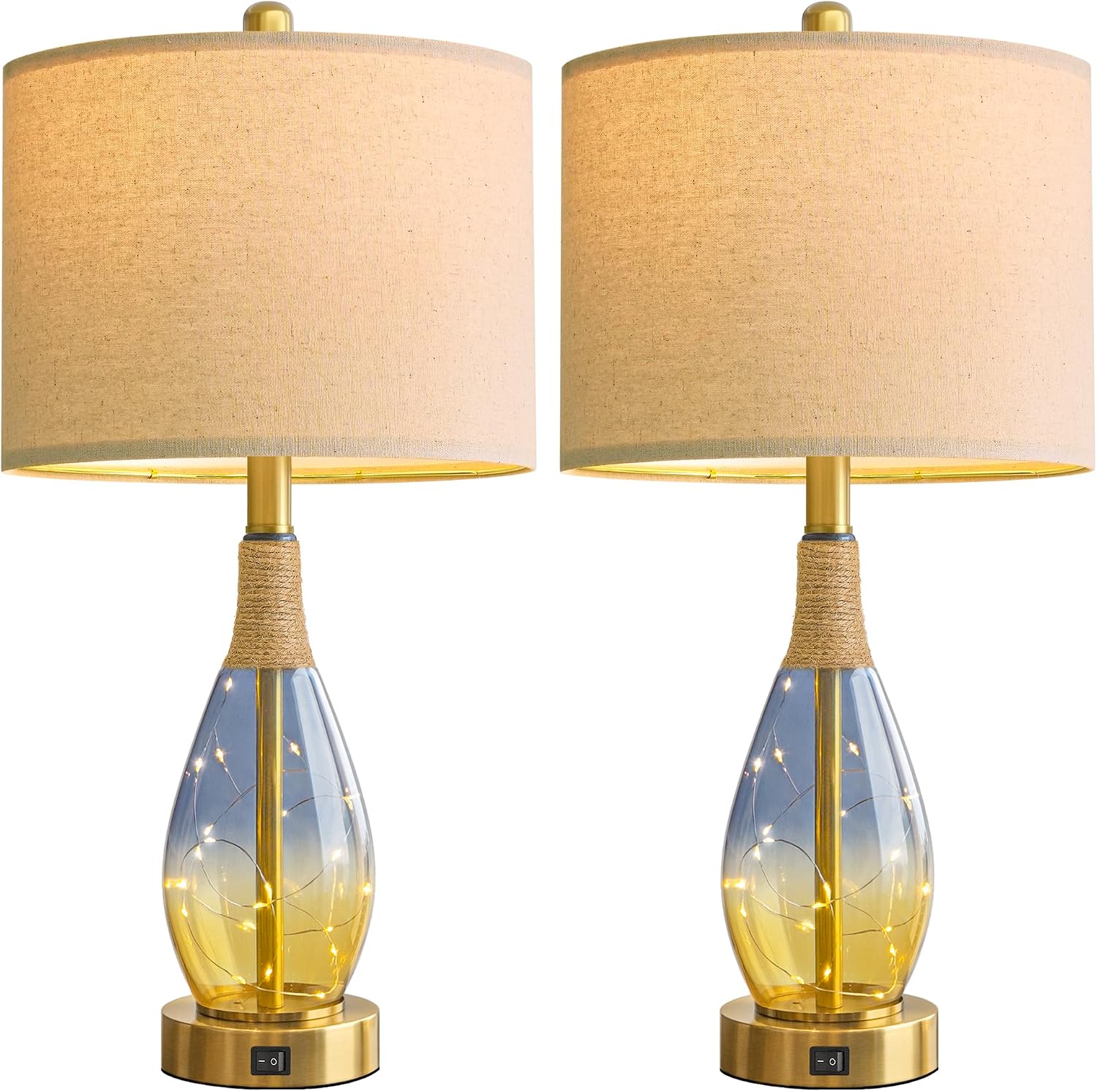 OYEARS 23" Table Lamps for Living Room Set of 2, Bedside Lamps for Night Stands, Rattan Lamps for Bedroom, Farmhouse Lamps with Glass…