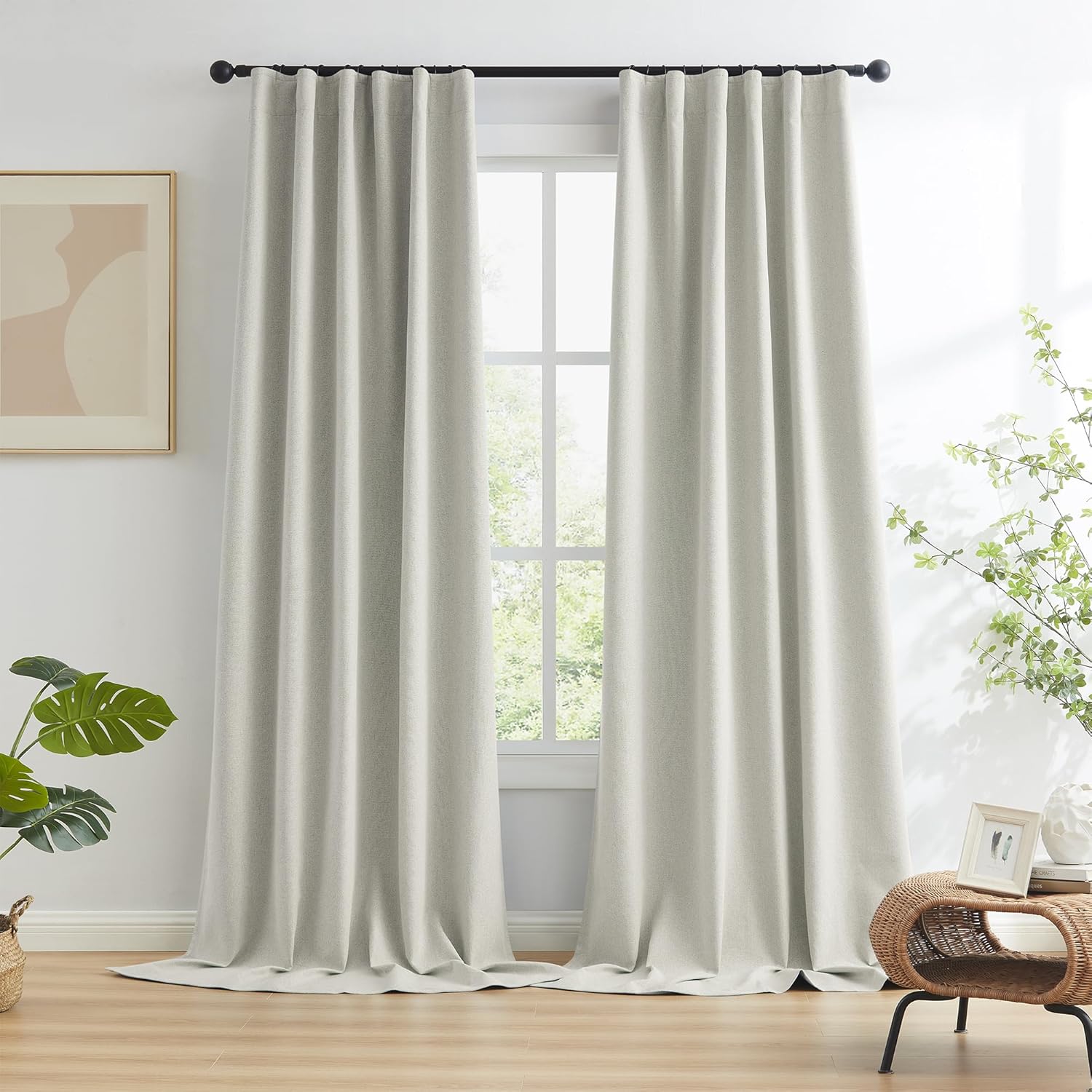 Keqiaosuocai 96 Inch Linen Textured Curtains 2 Panels Set, Greyish Beige Blackout Curtains for Dining Living Room, Back Tab Loop Pleated Tr…
