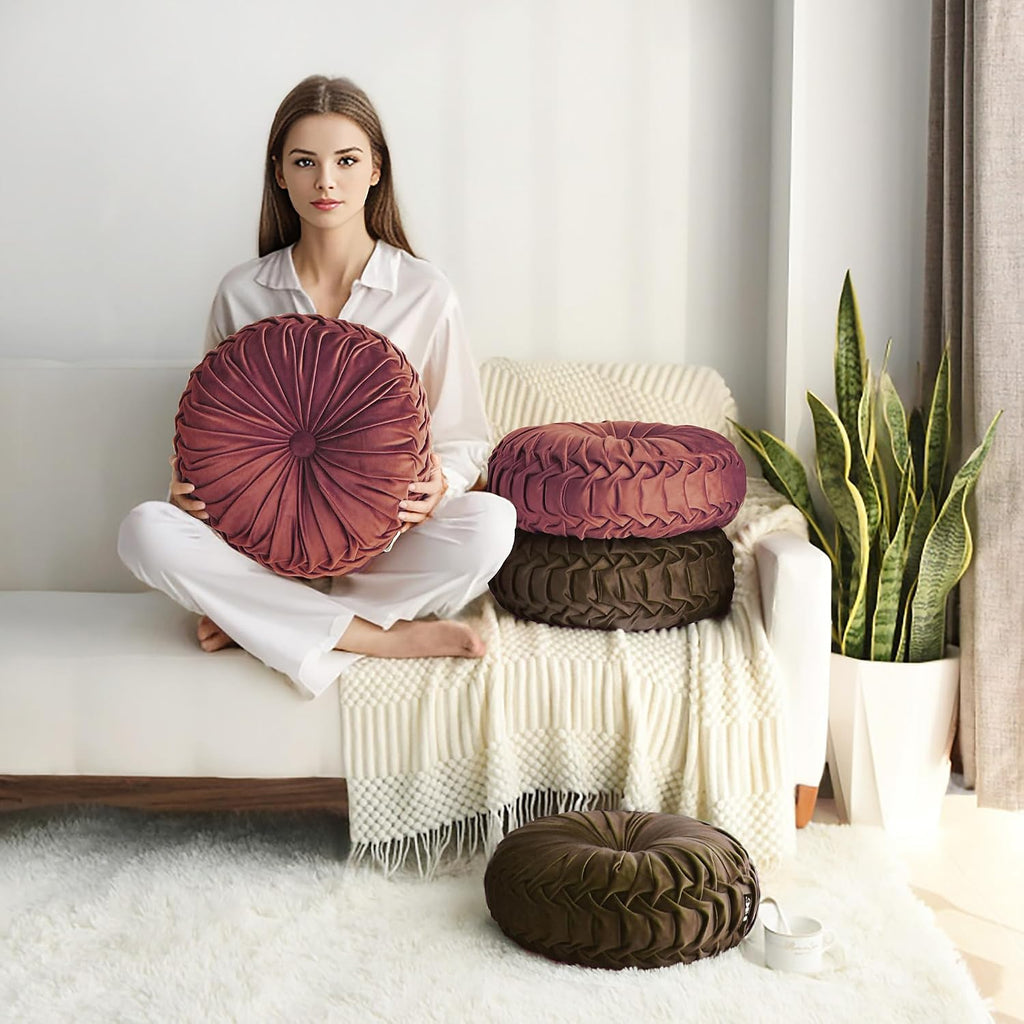 Hig Set of 2 Decorative Round Pleated Throw Pillows, Classy Accent Pumpkin Throw Pillows with Center Button, Vintage Velvet Floor Pillows for…