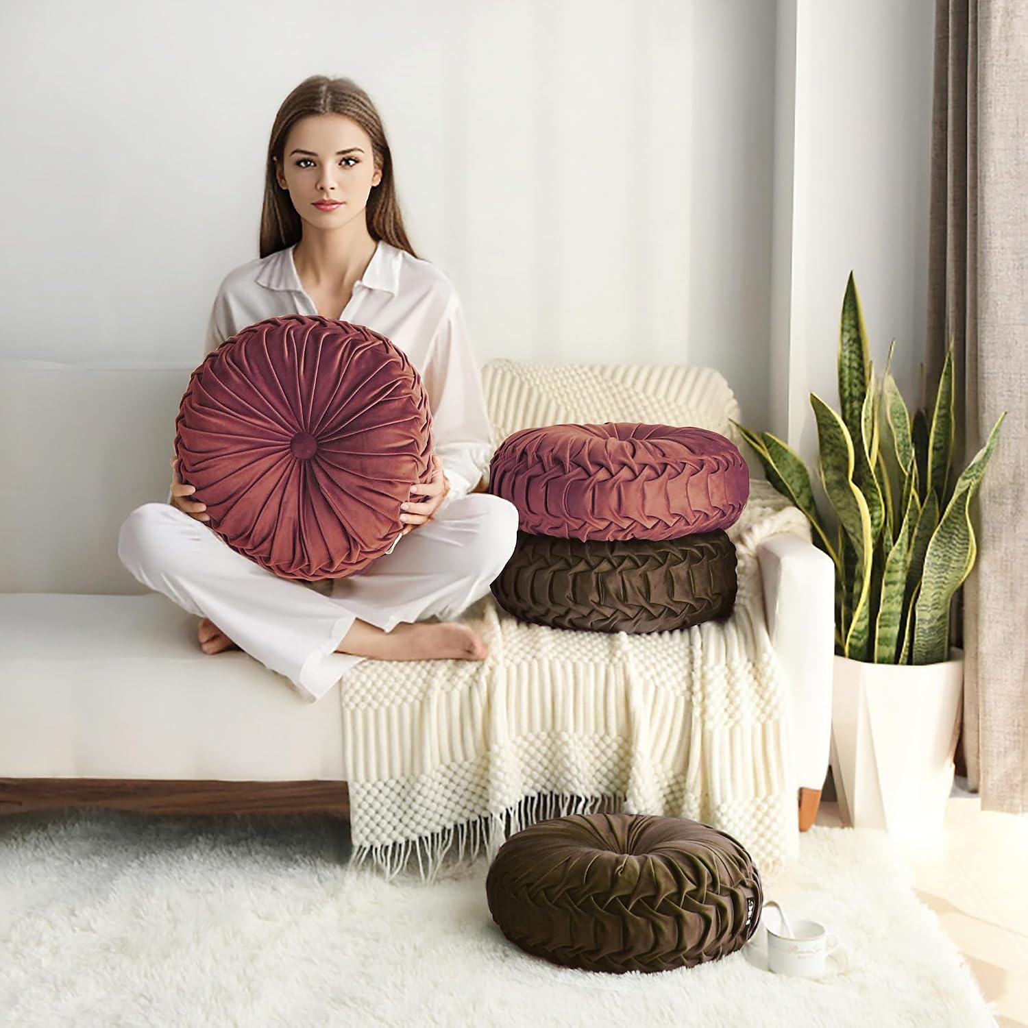 Hig Set of 2 Decorative Round Pleated Throw Pillows, Classy Accent Pumpkin Throw Pillows with Center Button, Vintage Velvet Floor Pillows for…