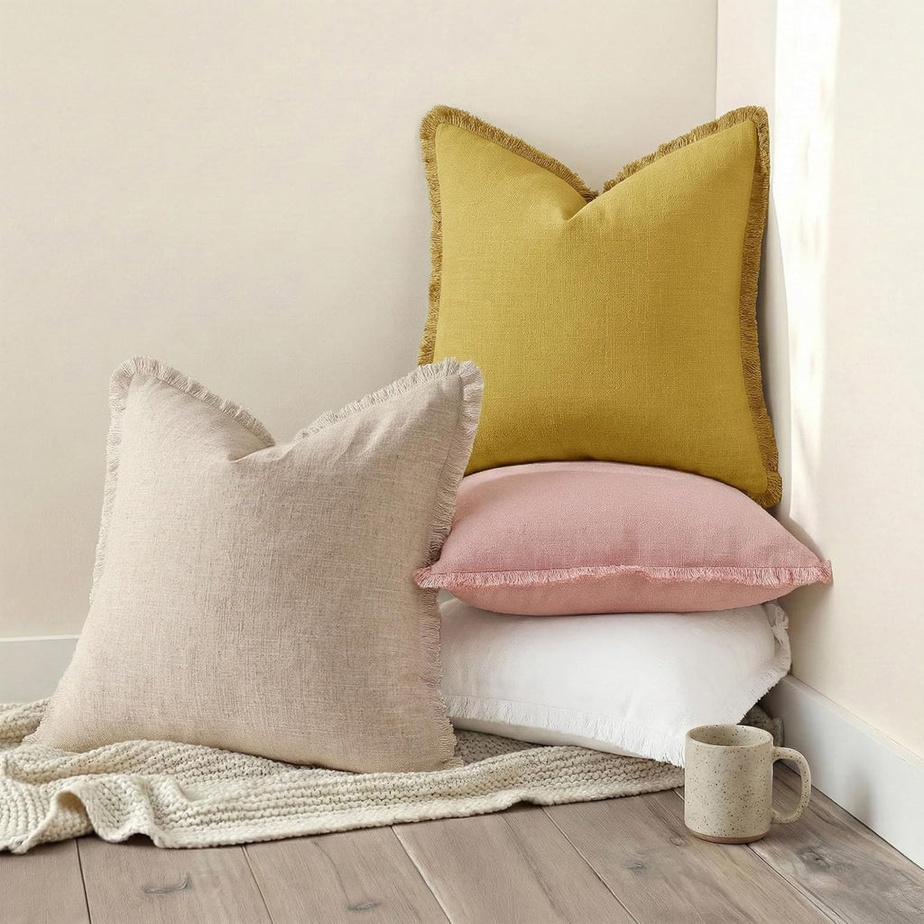 decorUhome Summer Decorative Neutral Linen Fringe Euro Sham Throw Pillow Covers Set of 2 Mustard Yellow Pillow Covers with Tassels Soft Far…