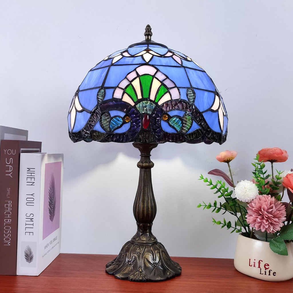 Tiffany Table Lamp 12X12X19 Inch Stained Glass Lamp Blue Baroque Style Antique Bedside Desk Nightstand Light for Bedroom Living Room Home…