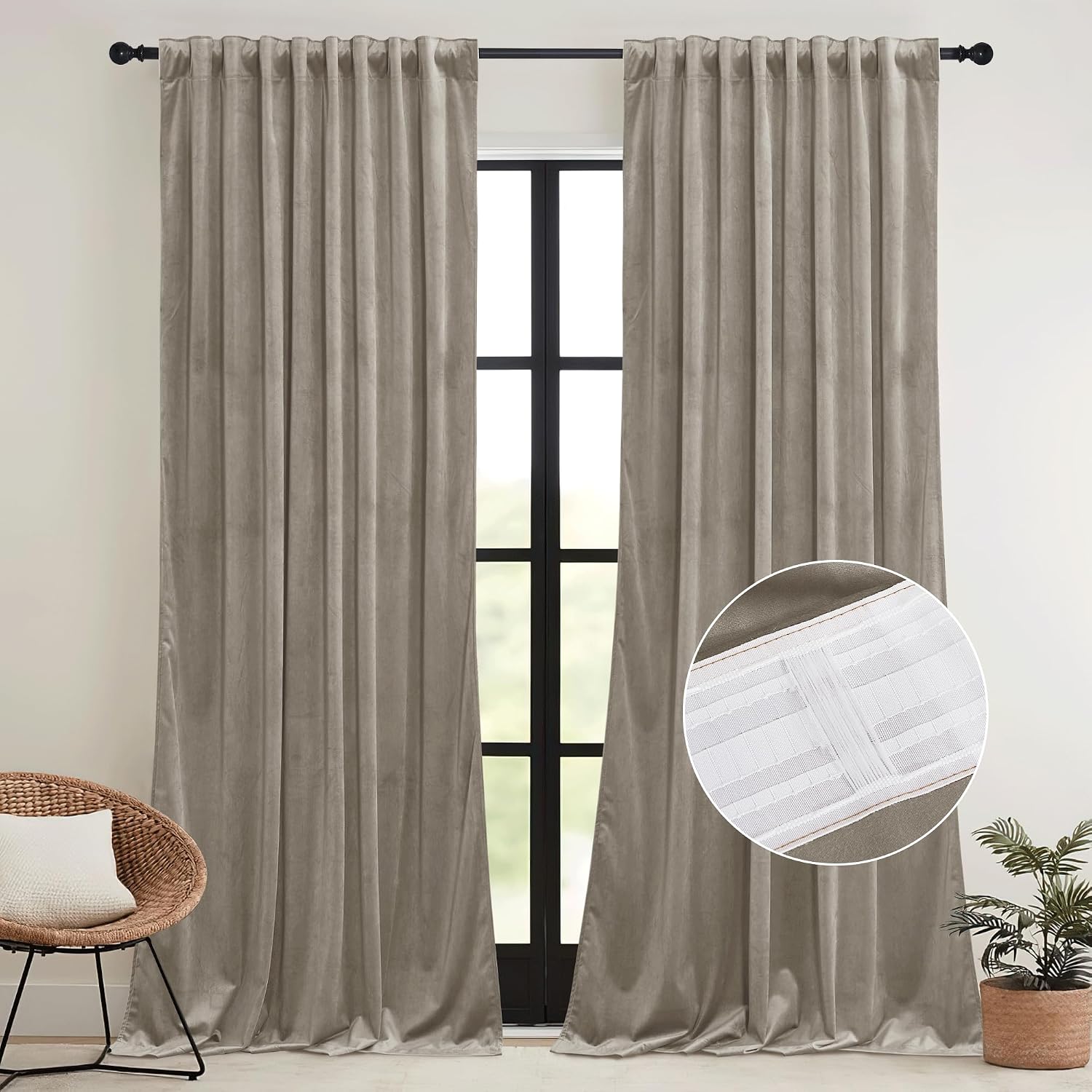 Rybhome RYB HOME Taupe Velvet Curtains for Bedroom Living Room, Thermal Insulated Privacy UV Heat Blocking Luxurious Drapes for Nursery Din…
